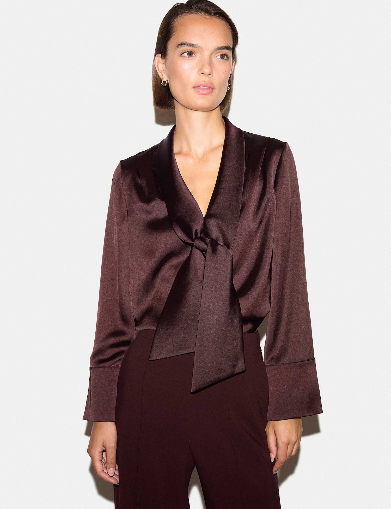 Jigsaw Satin V-Neck Tie Detail Relaxed Blouse Burgundy