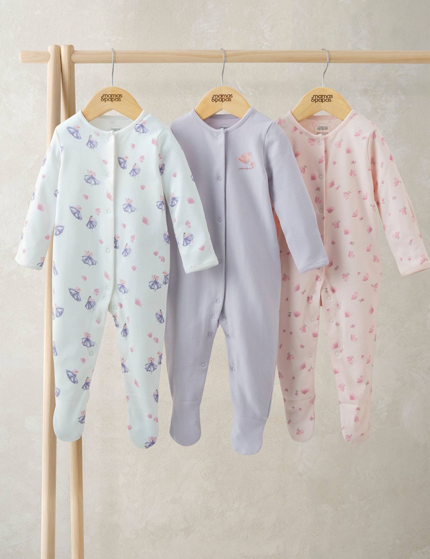 Mamas & Papas 3 Pack Pure Cotton Ballerina Sleepsuits (0-24 Mths) Pink