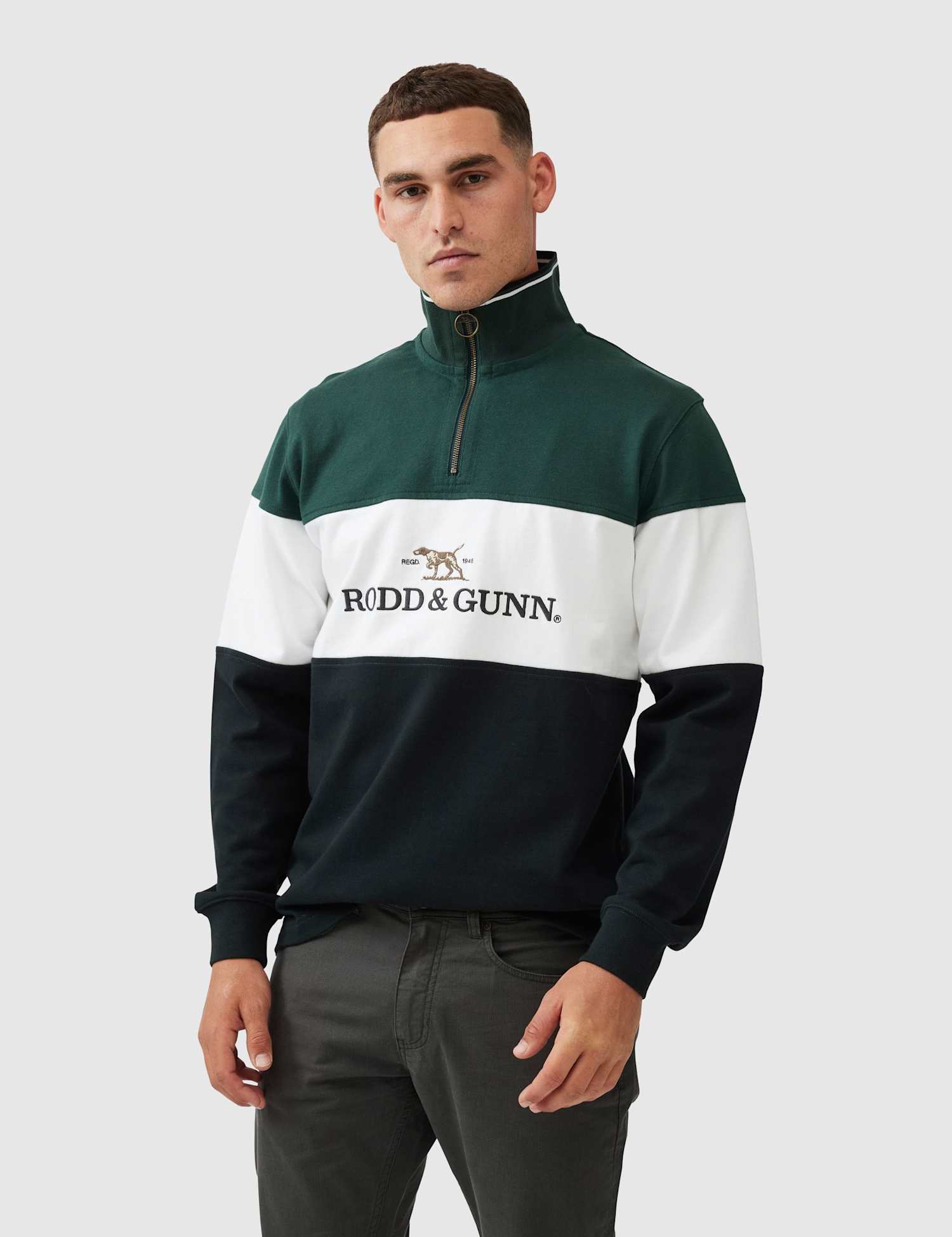 Rodd & Gunn Foresters Peak Colour Block Half Zip Sweatshirt Dark Green