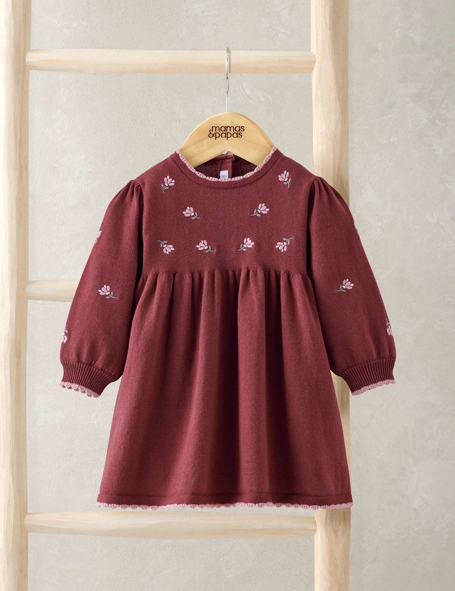 Mamas & Papas Pure Cotton Floral Embroidered Knitted Dress (0 Mths-3 Yrs) Red