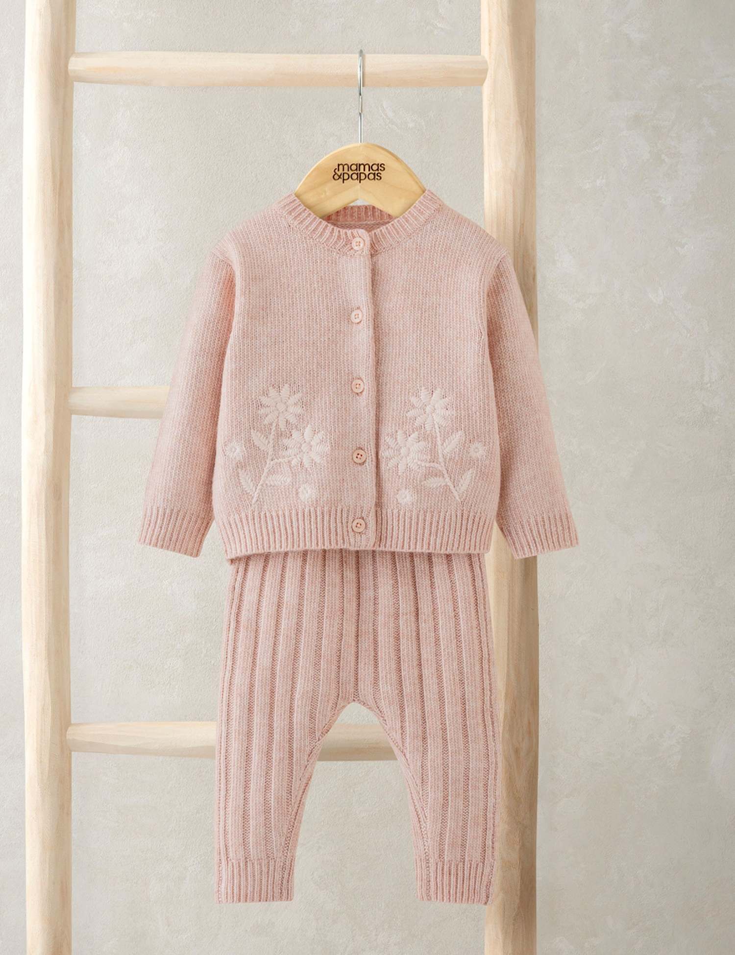 Mamas & Papas Knitted Floral Cardigan & Leggings Set (0-12 Mths) Pink