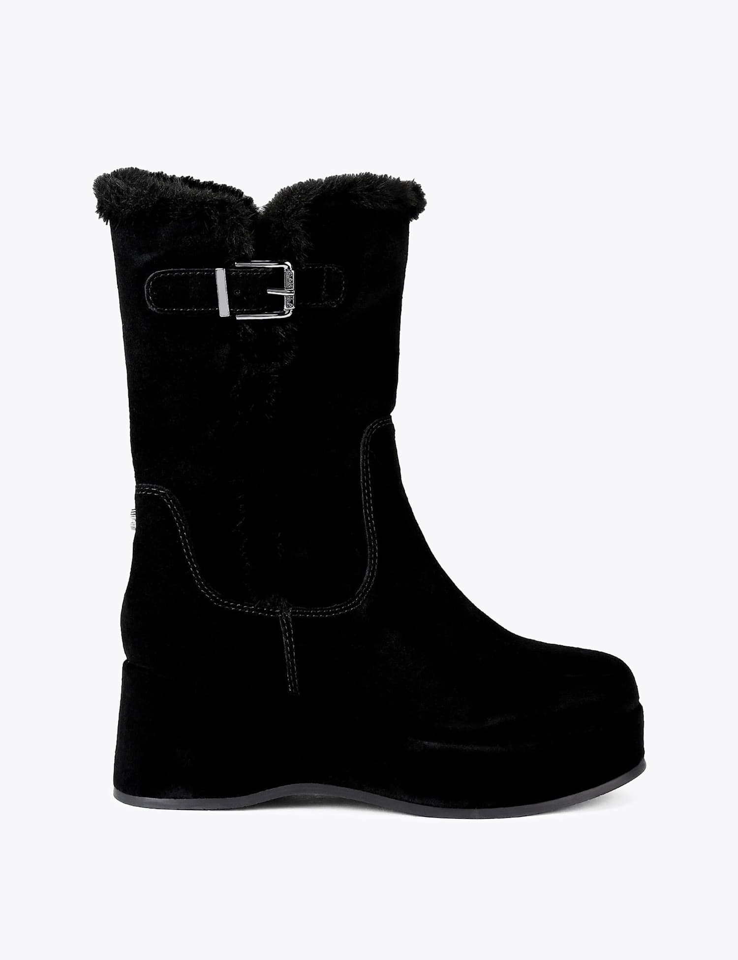 Carvela Suede Faux Fur Trim Flatform Mid Calf Boots Black