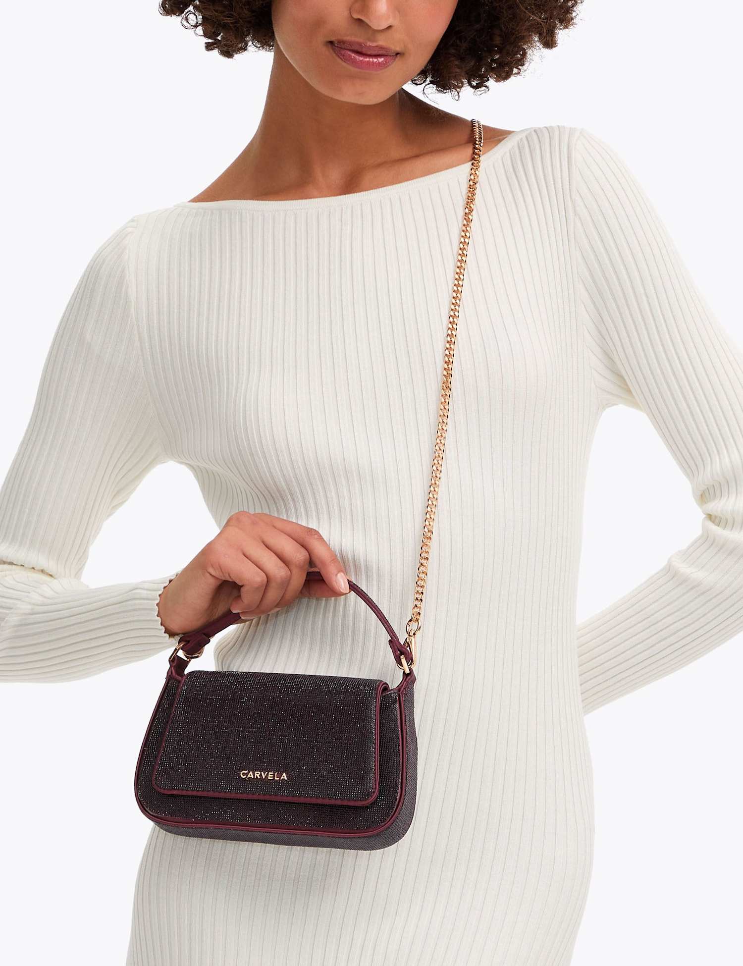 Carvela Sparkly Chain Strap Top Handle Mini Tote Bag Red Mix