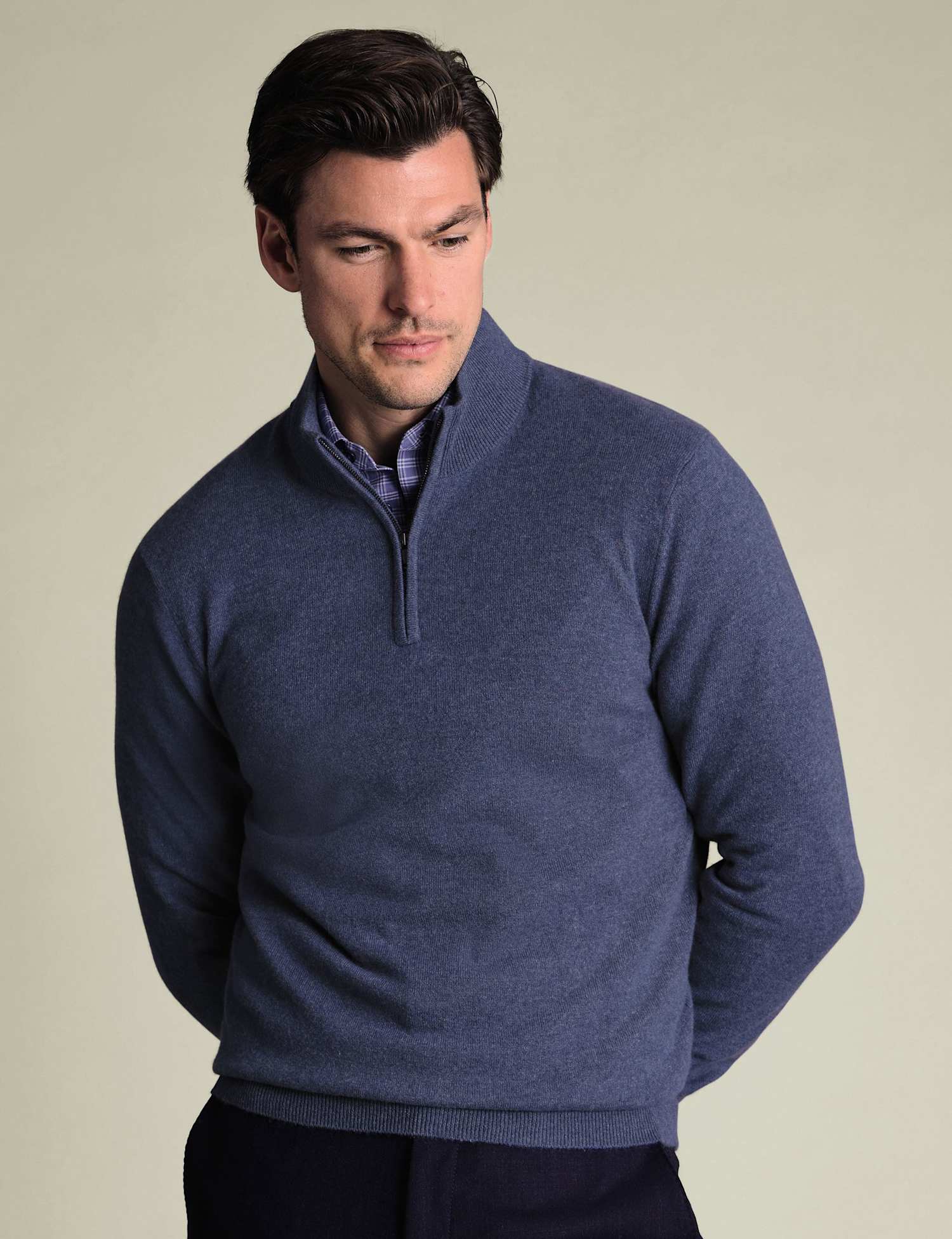 Charles Tyrwhitt Pure Cashmere Half Zip Jumper Blue Denim