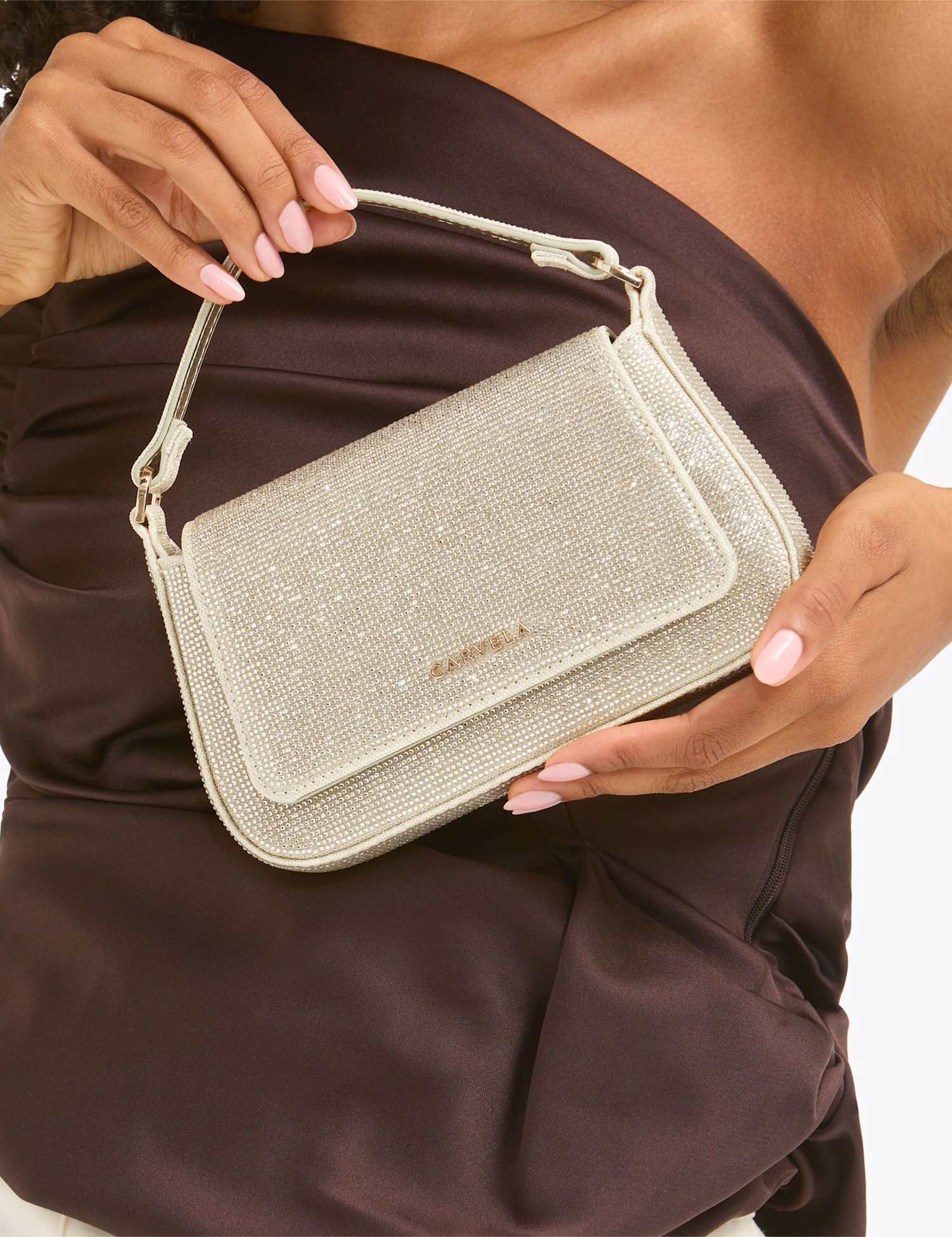 Carvela Metallic Chain Strap Top Handle Clutch Bag Gold