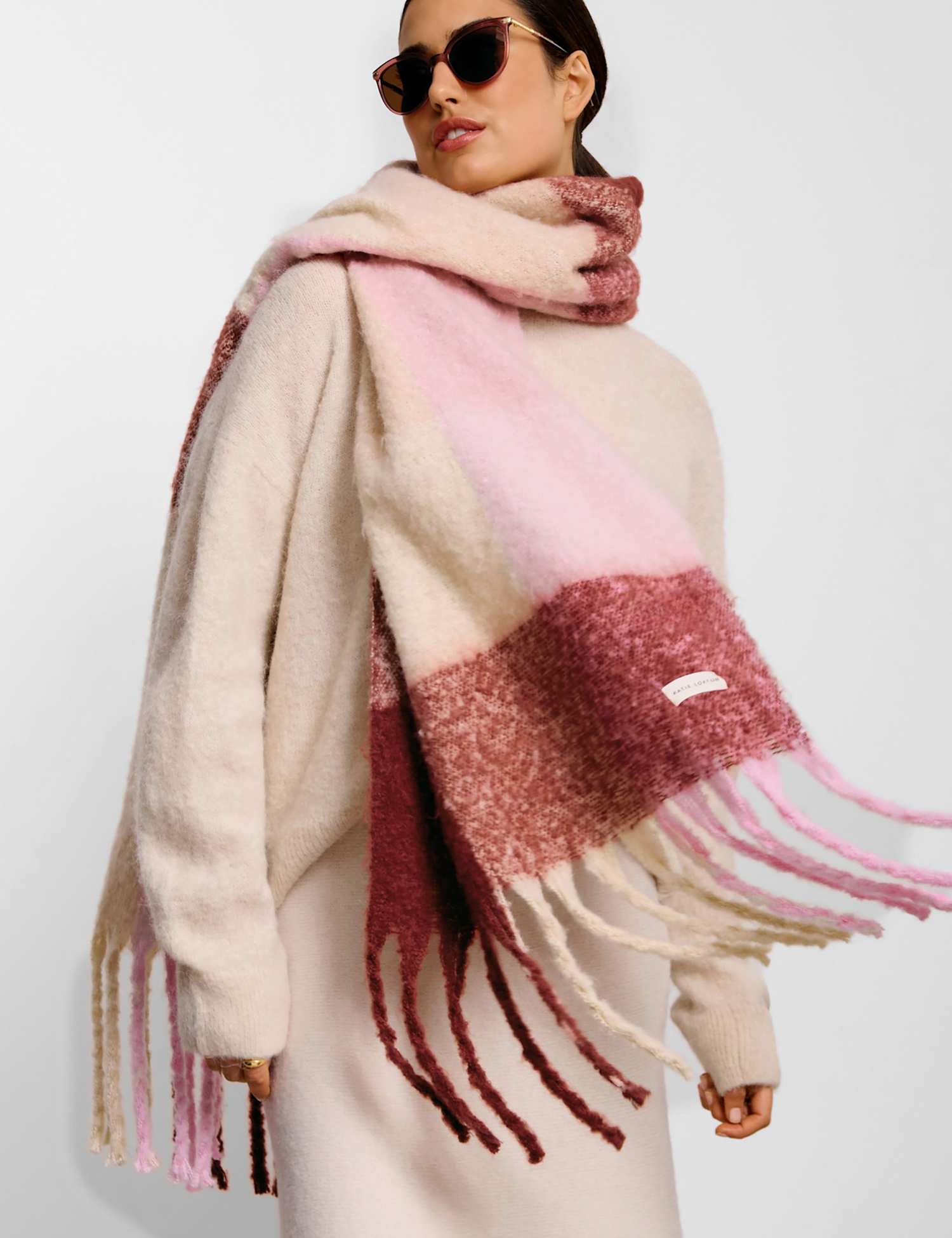 Katie Loxton Brushed Checked Tassel Scarf Pink Mix