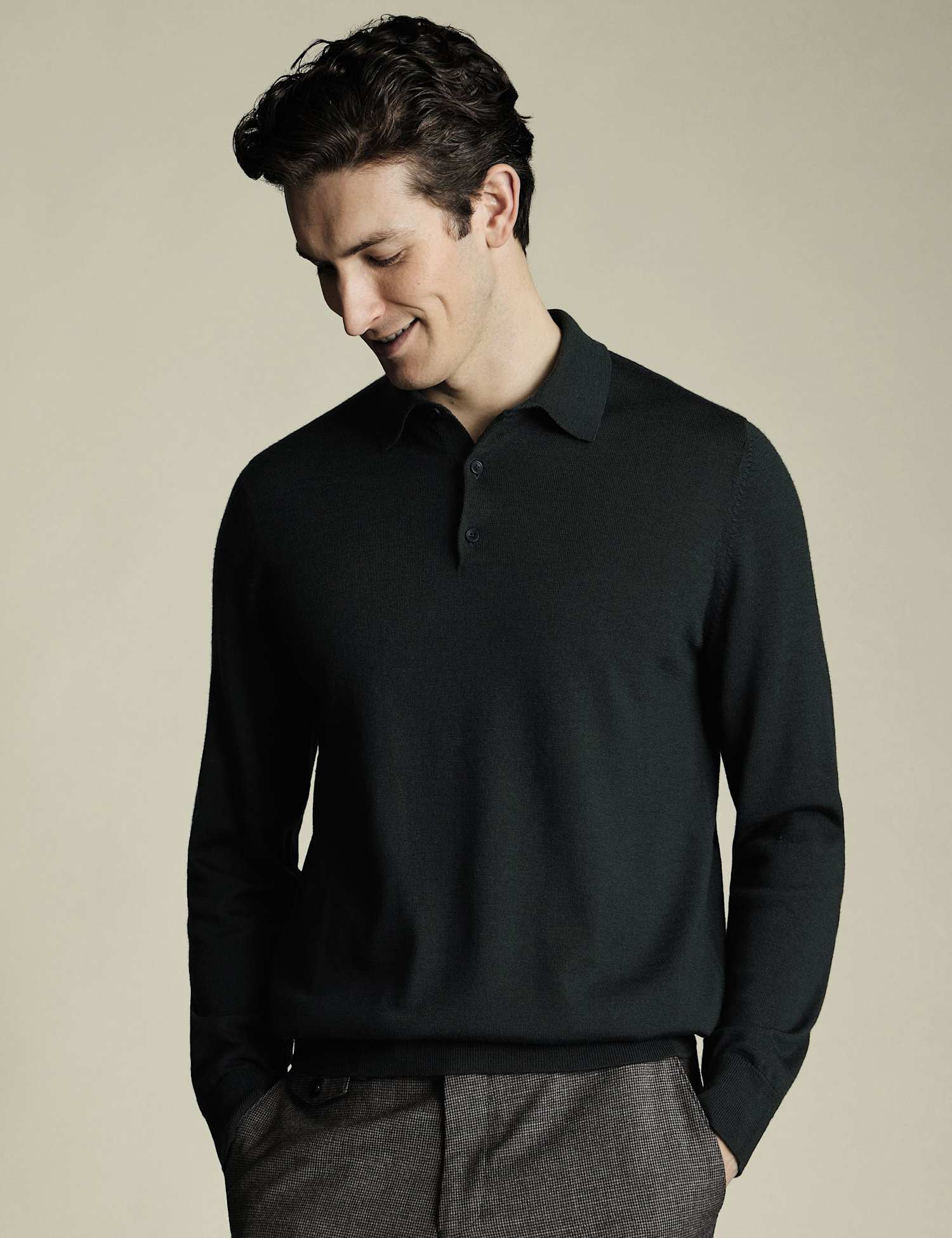 Charles Tyrwhitt Pure Merino Wool Collared Neck Jumper Dark Green