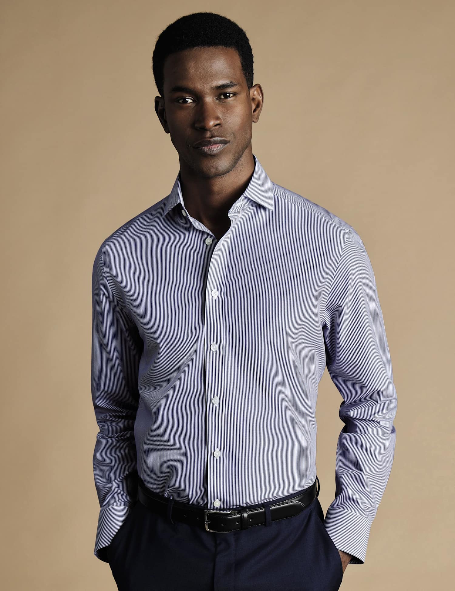 Charles Tyrwhitt Slim Fit Non Iron Pure Cotton Twill Shirt Navy Mix