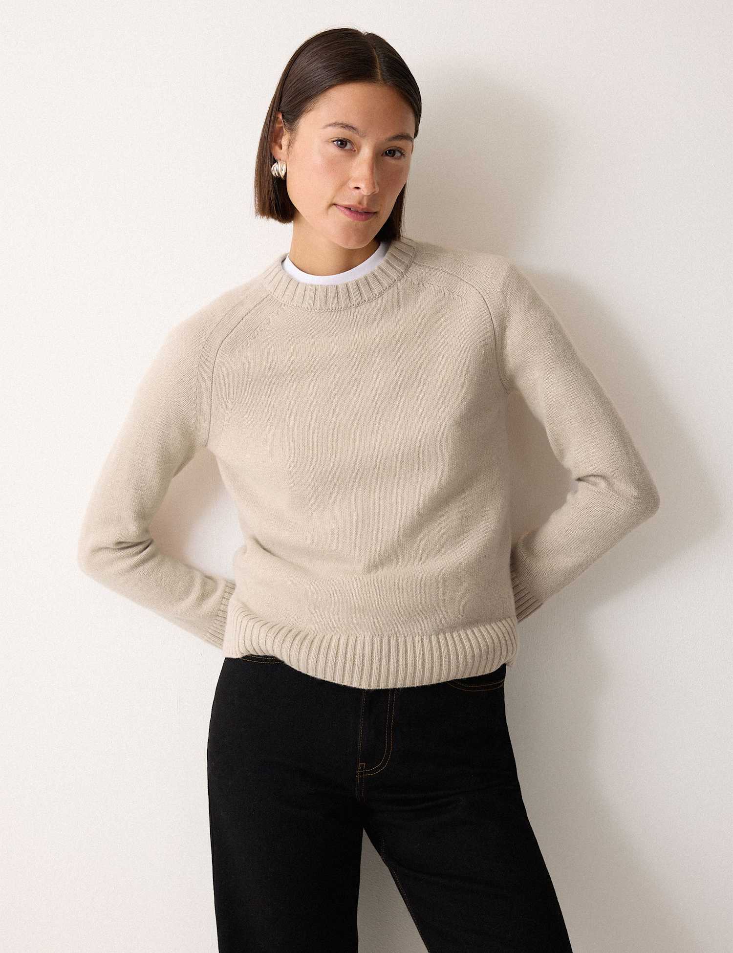Jigsaw Wool Rich Saddle Crew Neck Jumper Cream