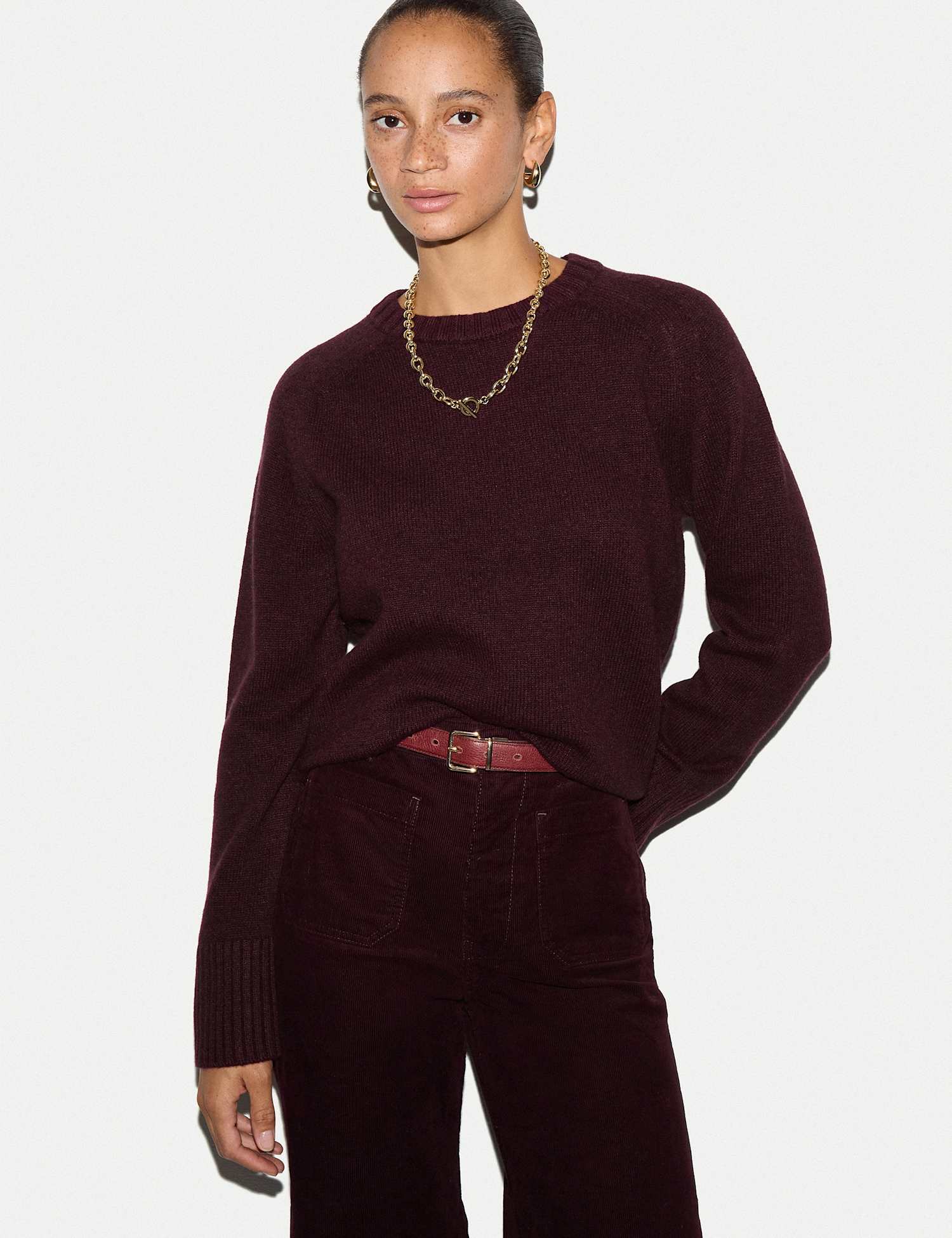 Jigsaw Wool Rich Saddle Crew Neck Jumper Burgundy