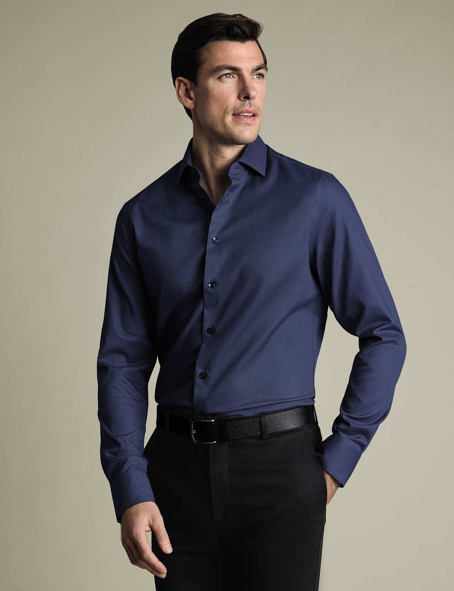 Charles Tyrwhitt Slim Fit Non Iron Pure Cotton Textured Shirt Blue Denim