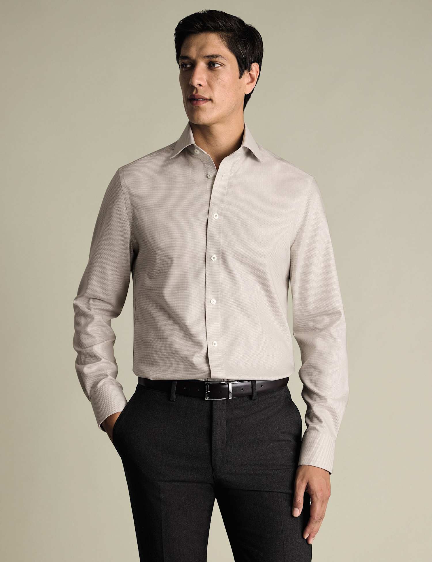 Charles Tyrwhitt Slim Fit Non Iron Pure Cotton Textured Shirt Stone