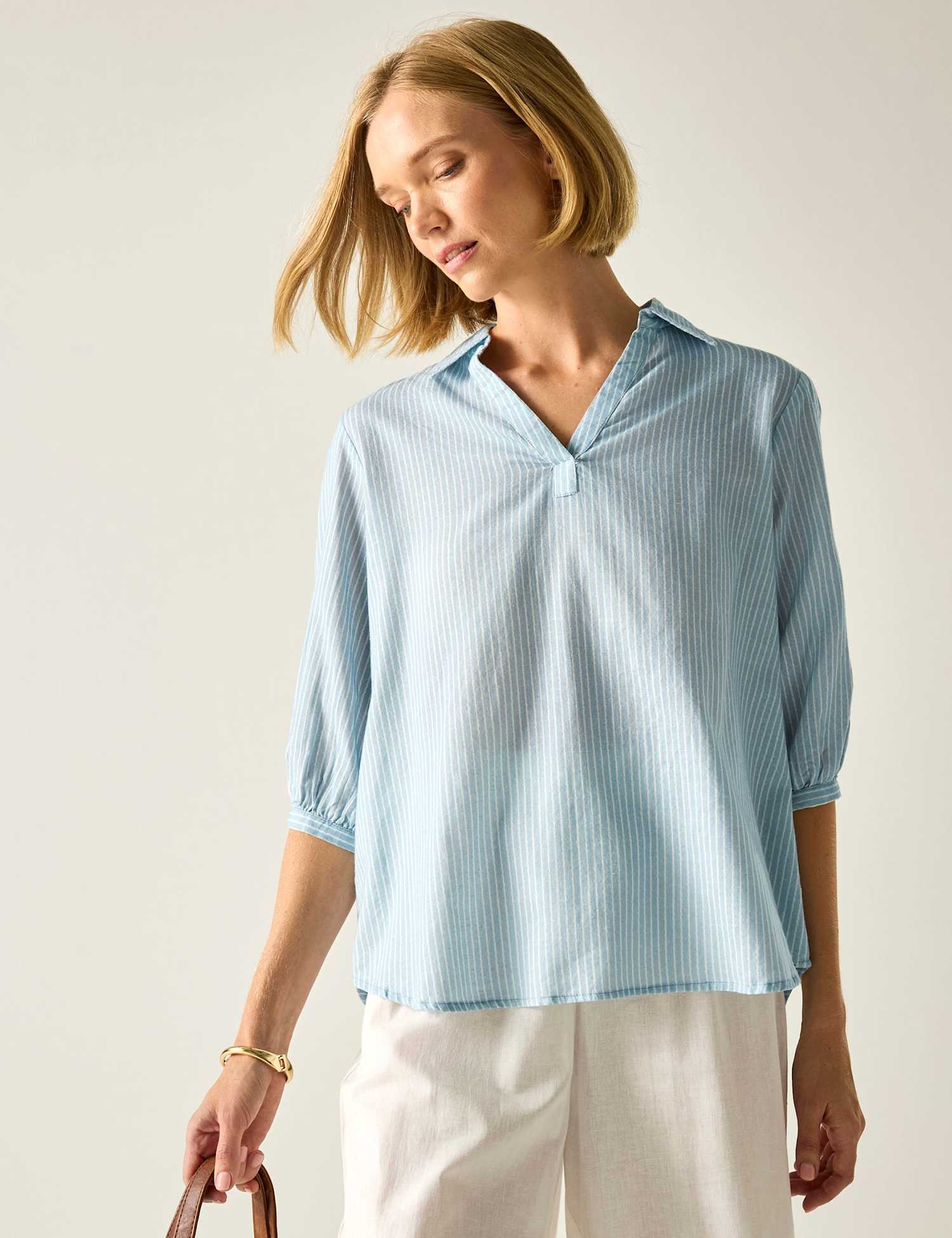 Regatta Nofino Cotton Rich Striped V-Neck Blouse Blue Mix