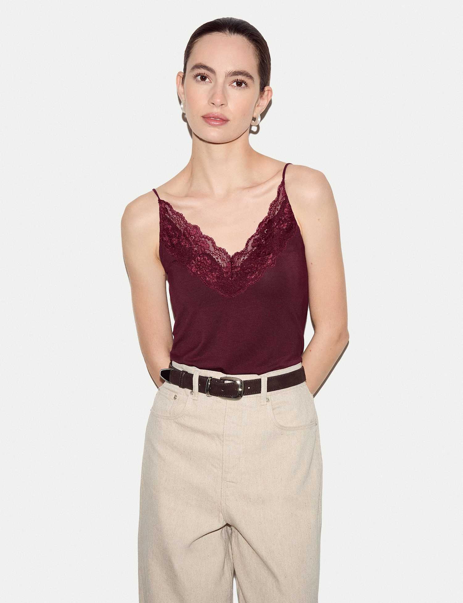 Jigsaw Modal Rich V-Neck Lace Trim Cami Top Burgundy