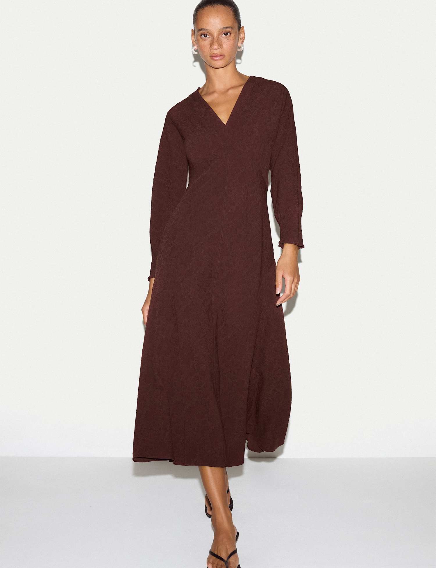 Jigsaw Textured V-Neck Midaxi Skater Dress Brown