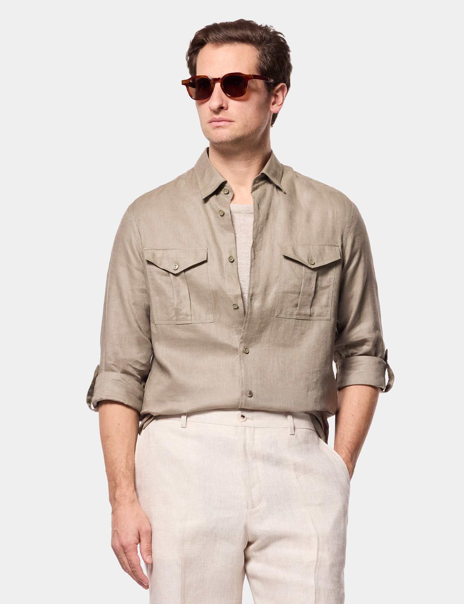 Hawes & Curtis Slim Fit Pure Linen Shirt Khaki