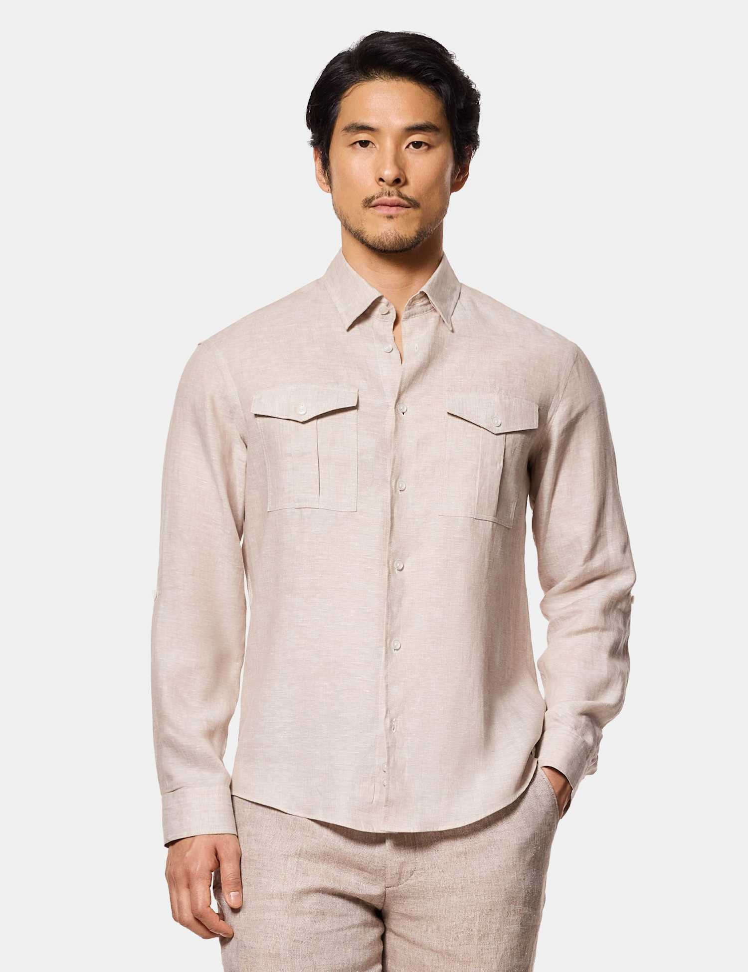 Hawes & Curtis Slim Fit Pure Linen Shirt Natural Mix