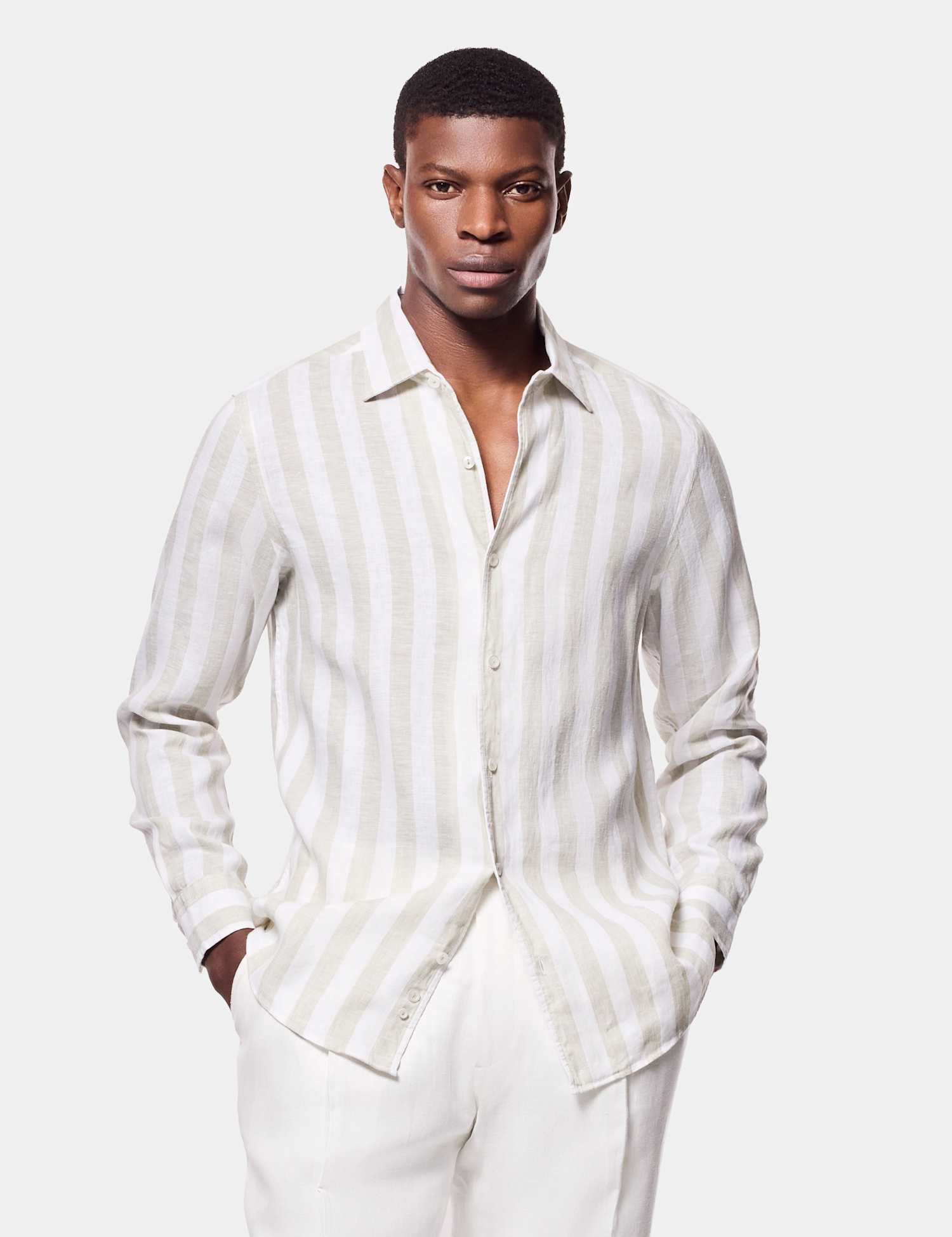 Hawes & Curtis Regular Fit Pure Linen Large Stripe Shirt Sage Mix