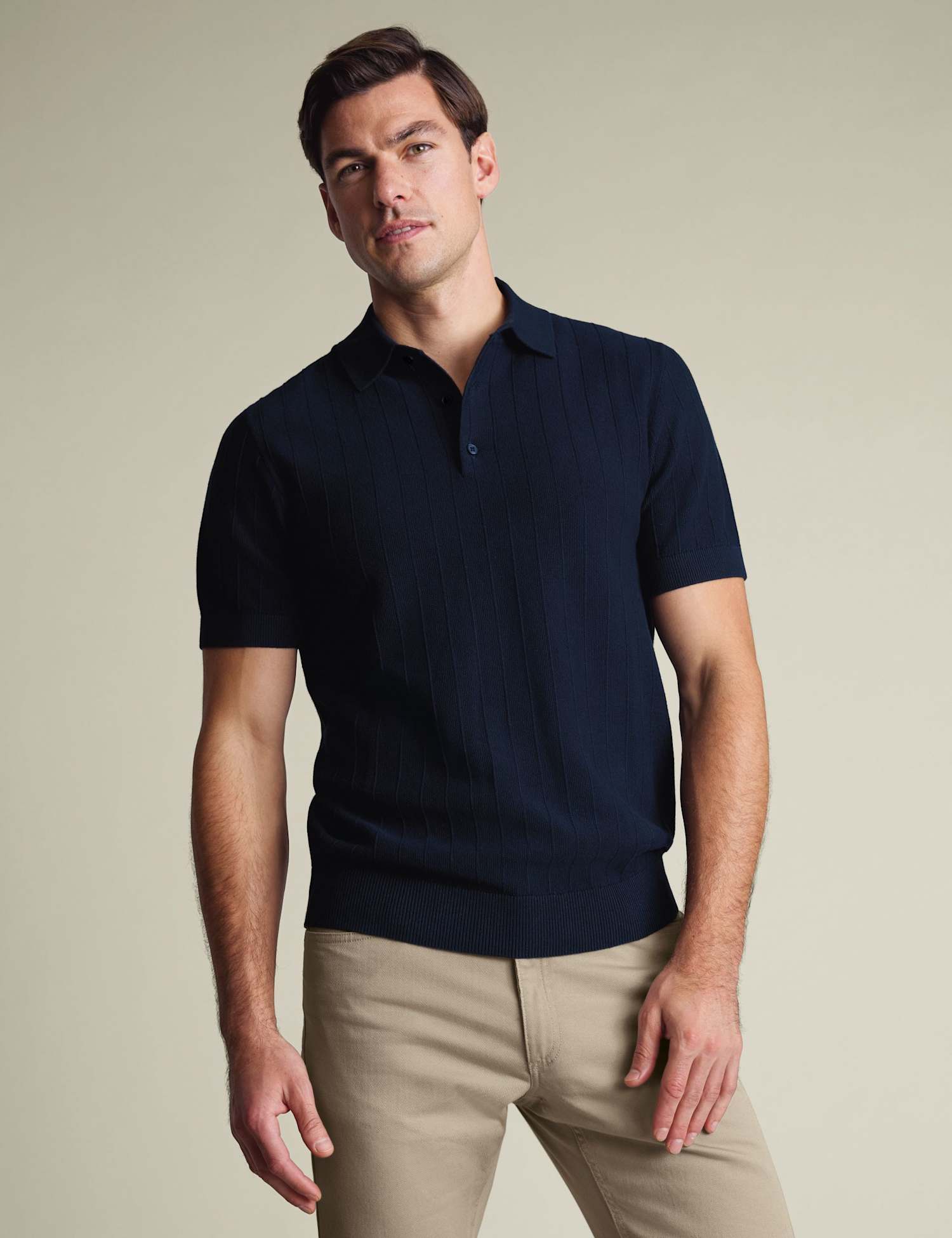 Charles Tyrwhitt Pure Cotton Textured Knitted Polo Shirt Navy