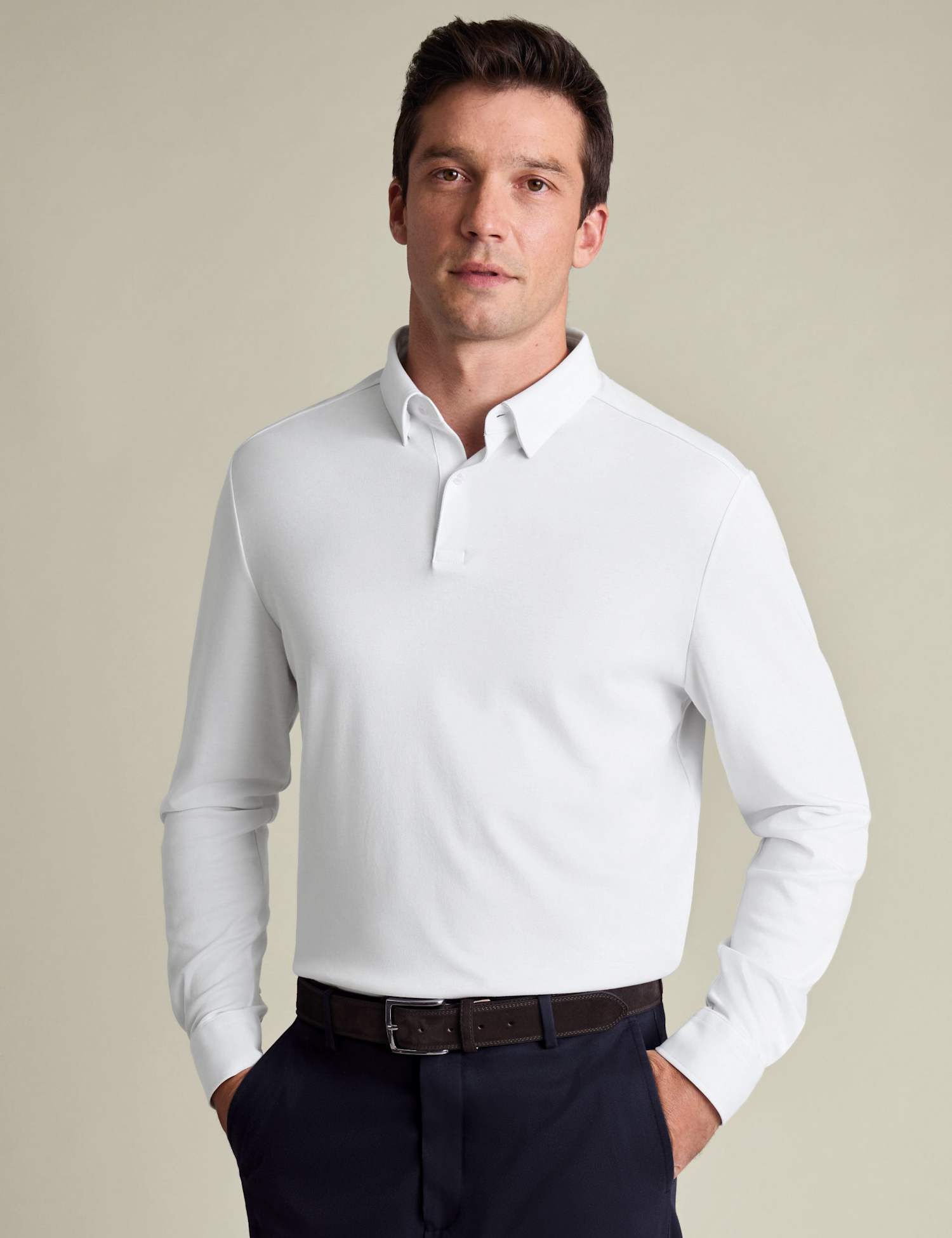 Charles Tyrwhitt Pure Cotton Jersey Long Sleeve Polo Shirt White