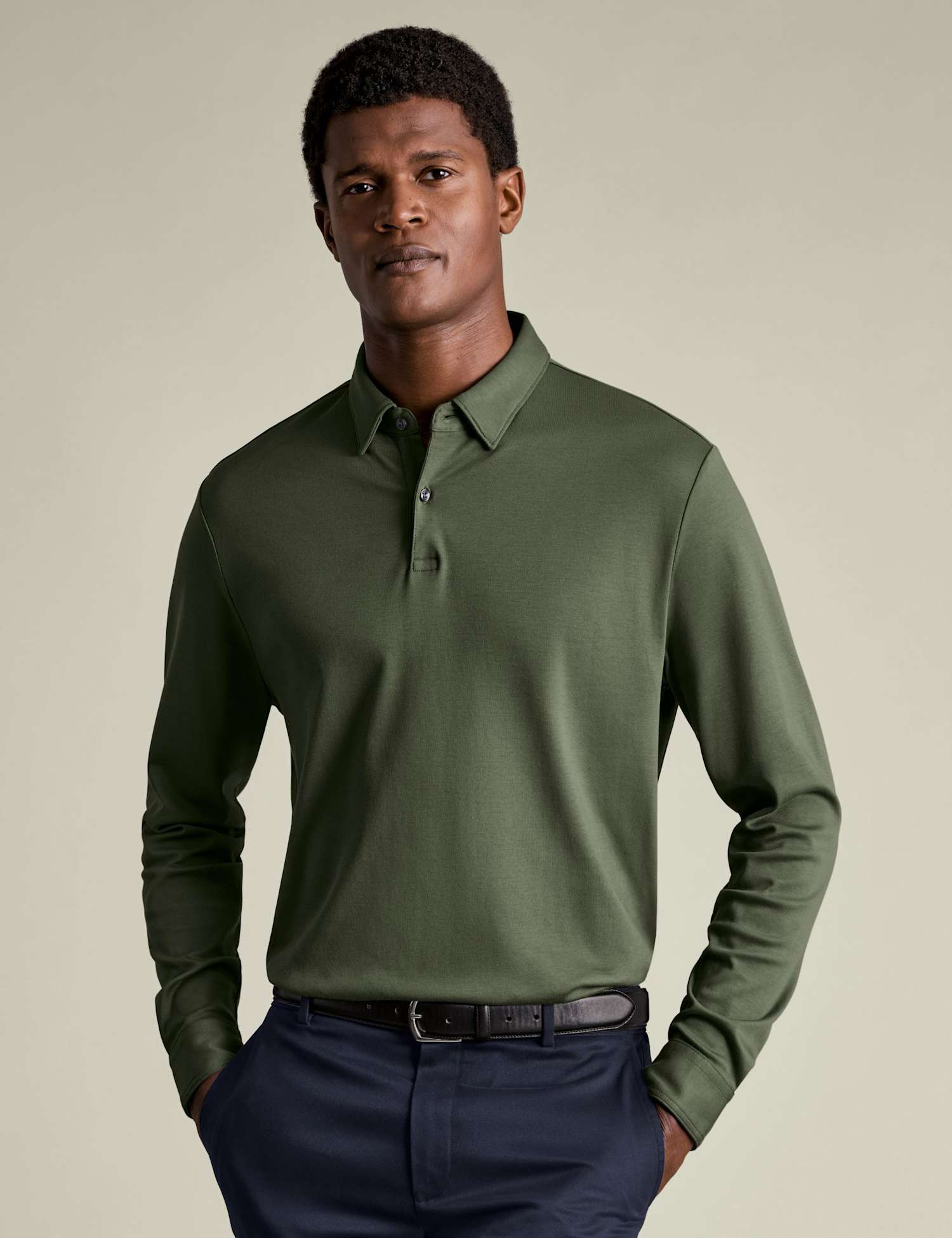Charles Tyrwhitt Pure Cotton Jersey Long Sleeve Polo Shirt Olive