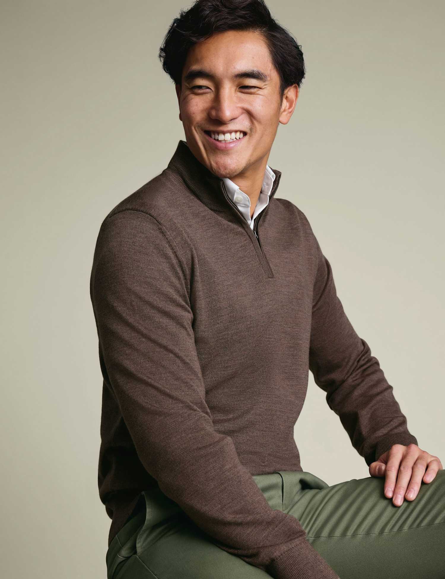 Charles Tyrwhitt Pure Extra Fine Merino Wool Half Zip Jumper Brown