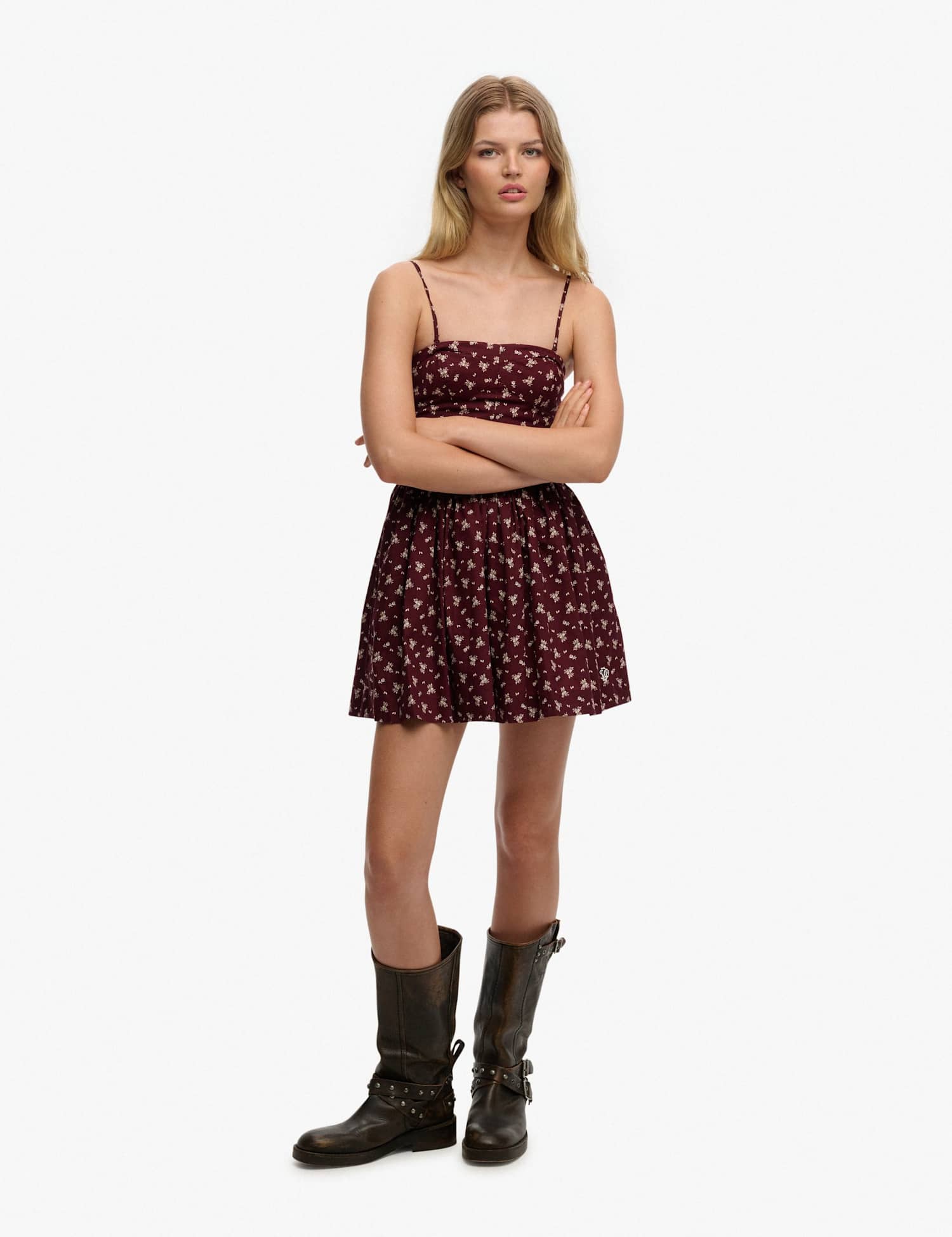 Superdry & Co Floral Sweetheart Neck Cami Mini Dress Burgundy Mix