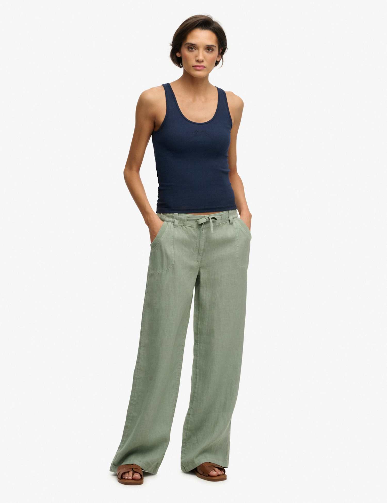 Superdry & Co Pure Linen Low Rise Wide Leg Trousers Green