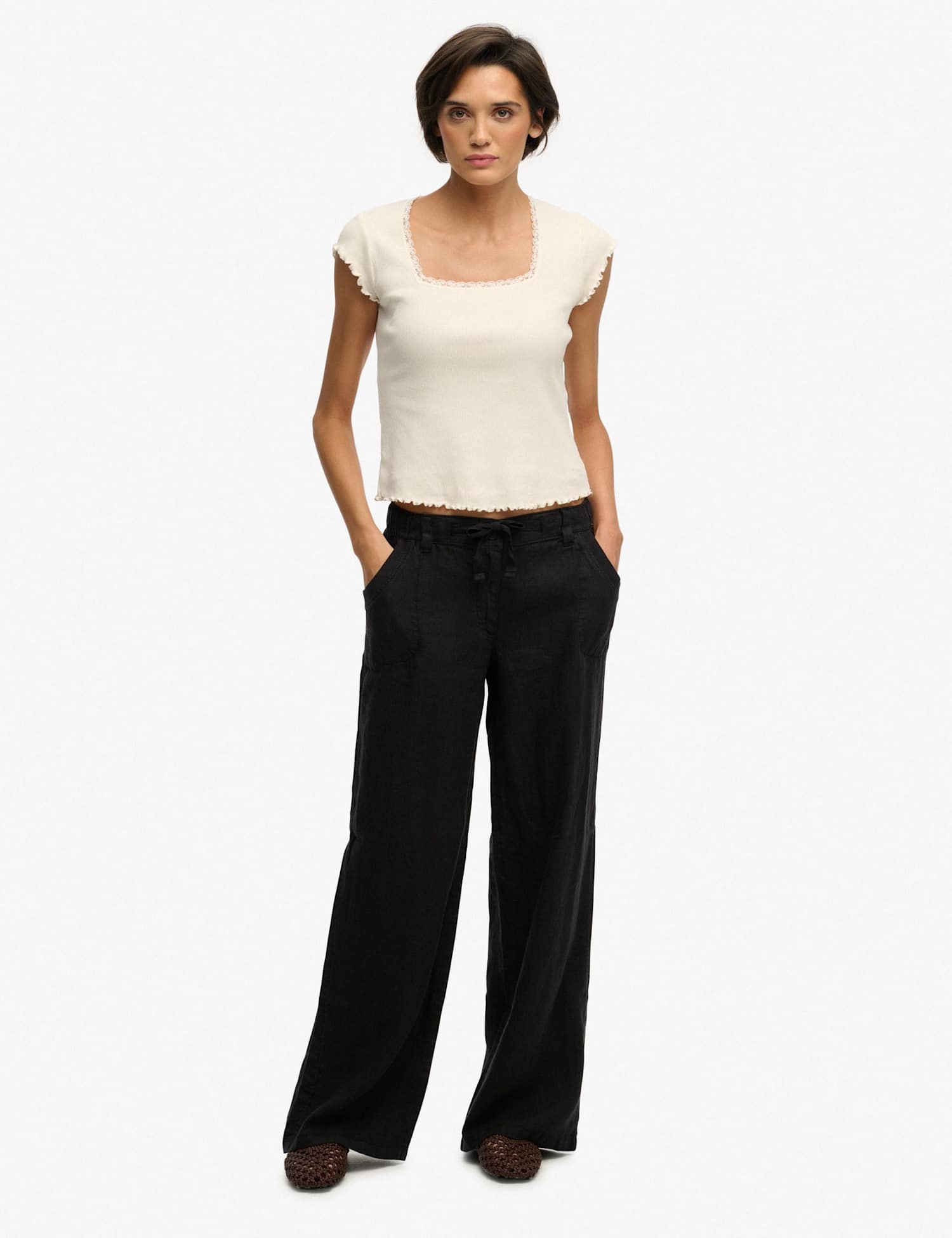 Superdry & Co Pure Linen Low Rise Wide Leg Trousers Black