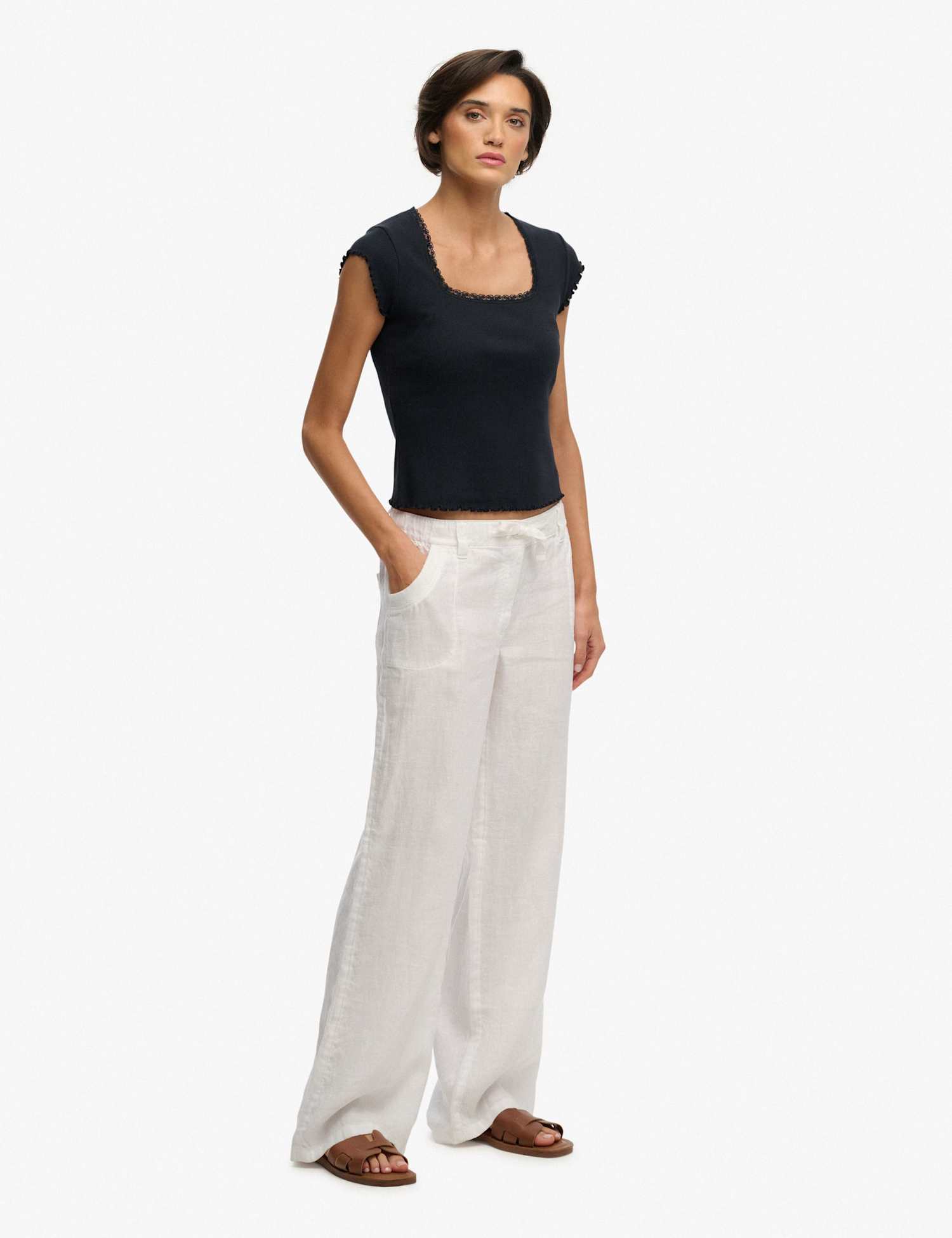 Superdry & Co Pure Linen Low Rise Wide Leg Trousers White