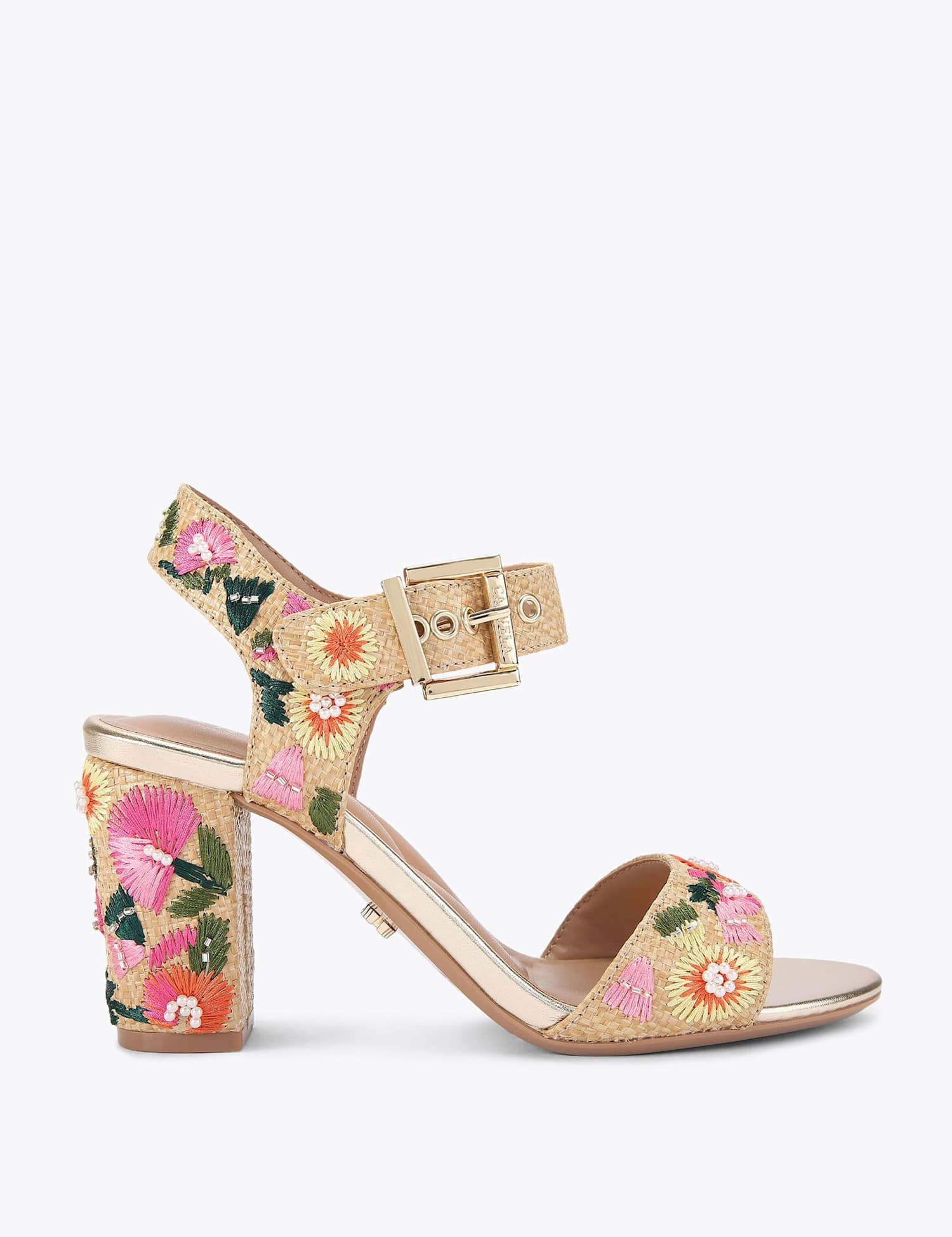 Carvela Floral Embroidered Ankle Strap Block Heels Orange Mix