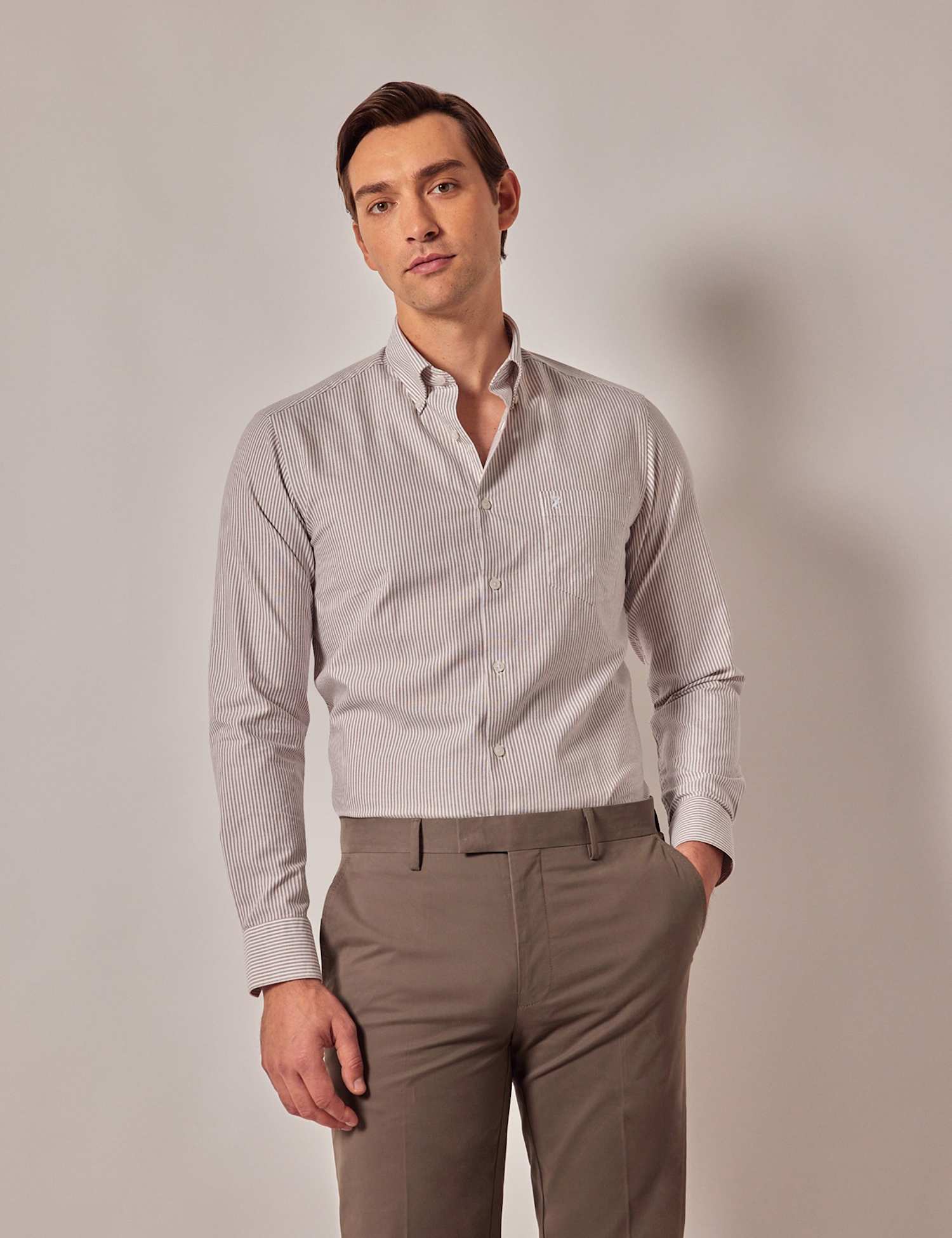 Hawes & Curtis Regular Fit Pure Cotton Striped Oxford Shirt Brown Mix