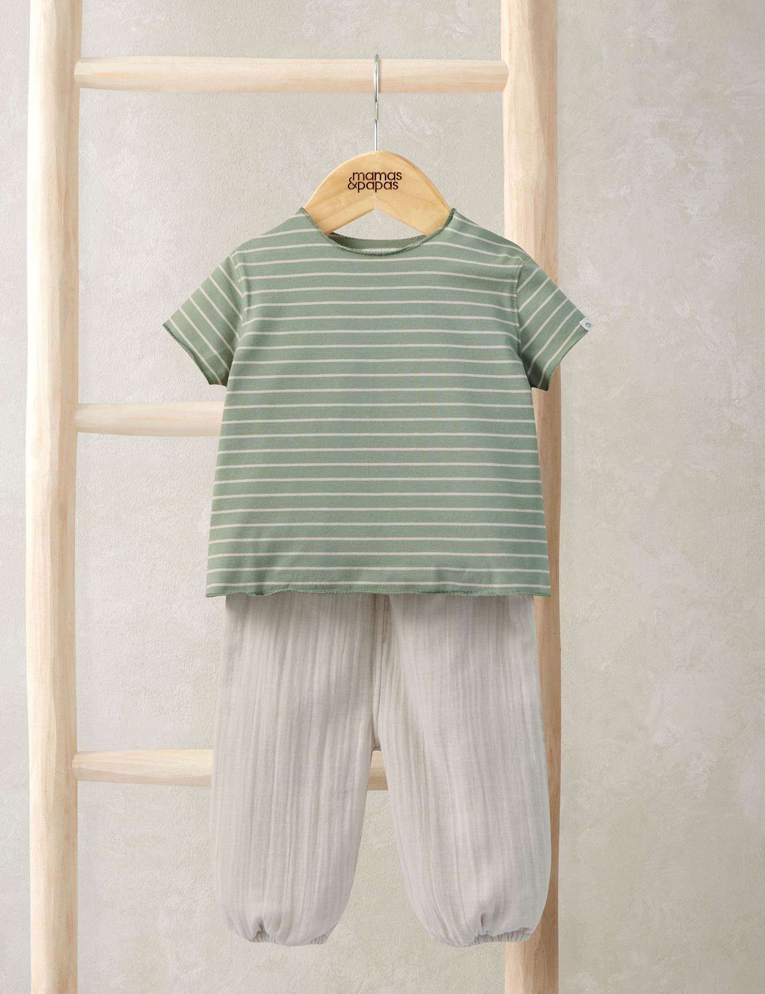 Mamas & Papas Cotton Rich Striped T-Shirt & Trousers Outfit (0-12 Mths) Blue