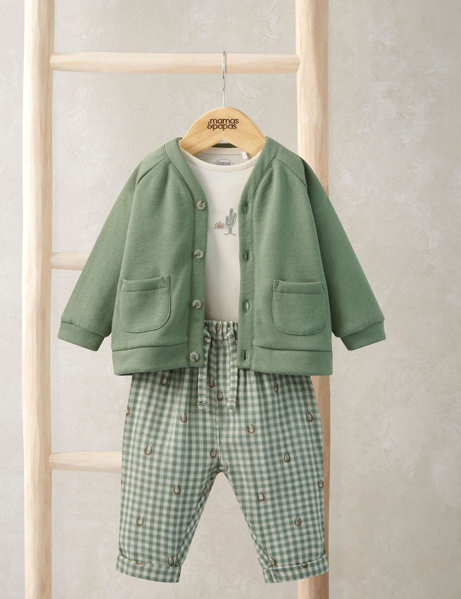 Mamas & Papas 3 Piece Pure Cotton Gingham Outfit (7lbs-12 Mths) Green