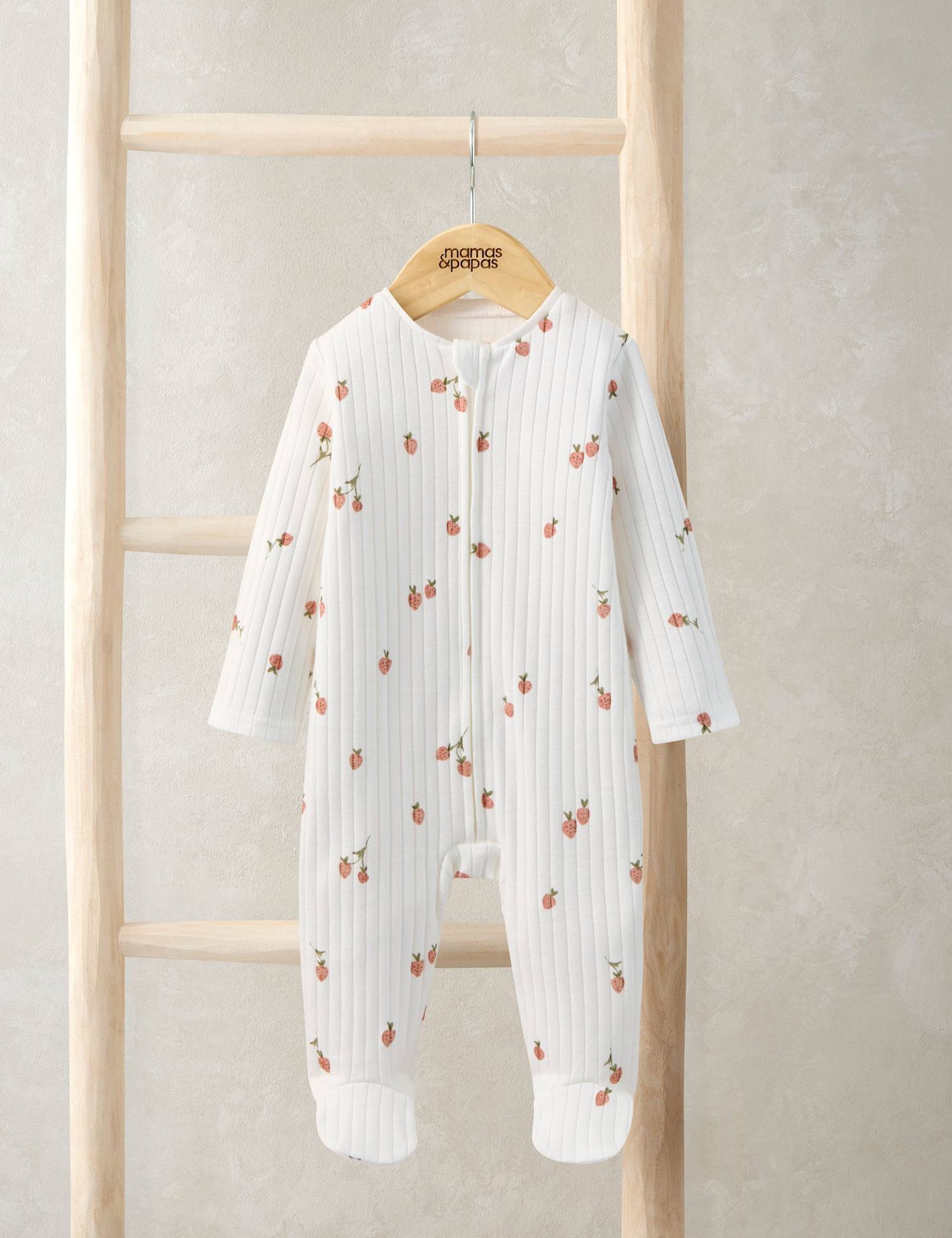 Mamas & Papas Pure Cotton Ribbed Strawberry Print Sleepsuit (6�lbs-12 Mths) Cream