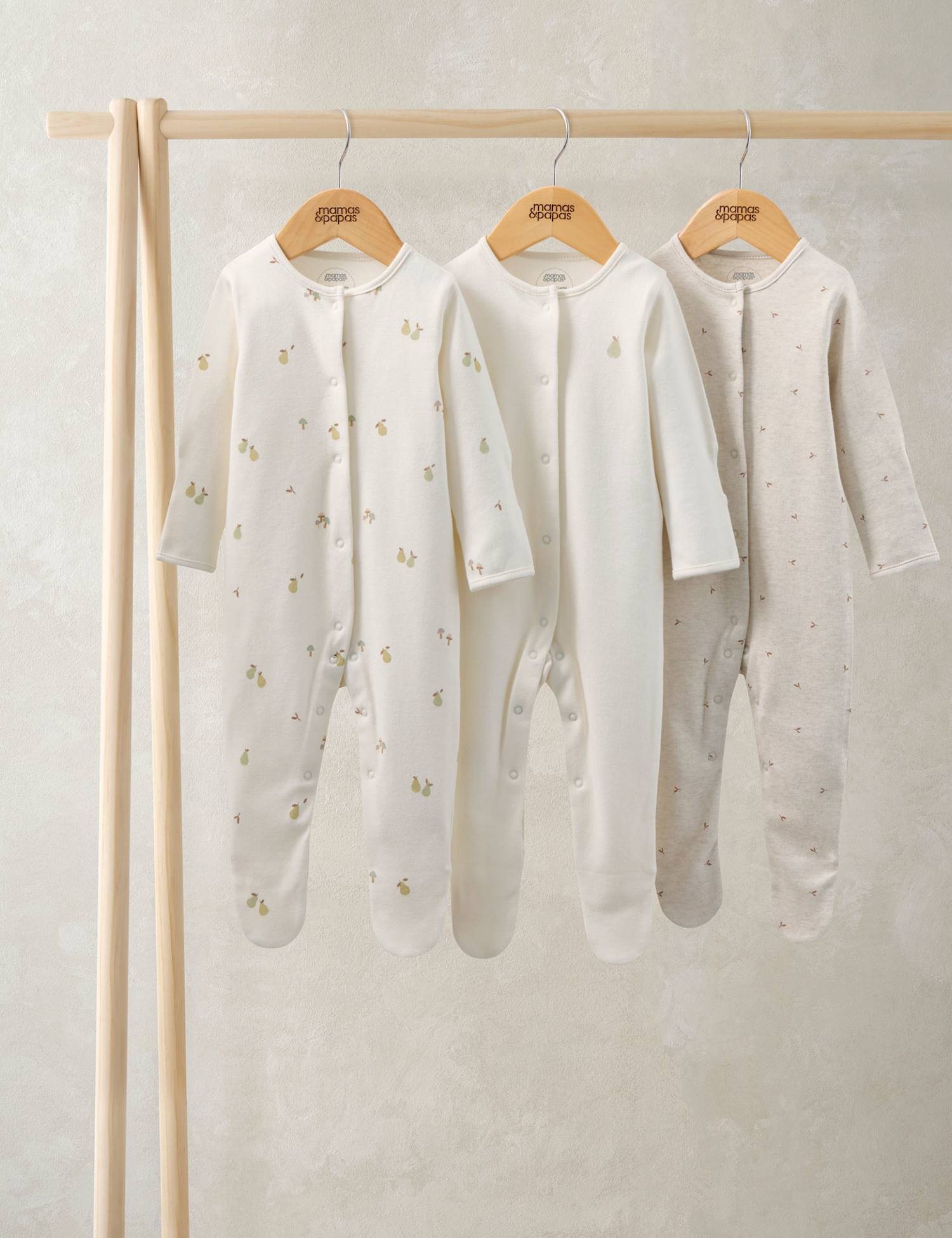 Mamas & Papas 3 Pack Pure Cotton Pear Print Sleepsuit (7lbs-24 Mths) Cream