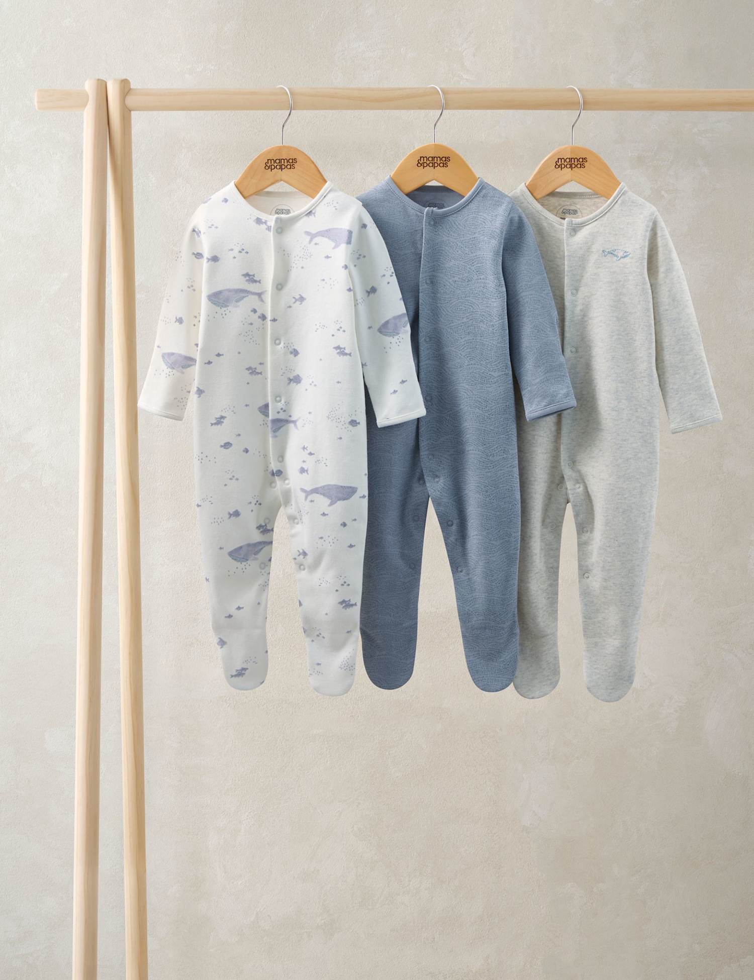 Mamas & Papas 3 Pack Pure Cotton Whale Sleepsuits (6�lbs-24 Mths) Multi