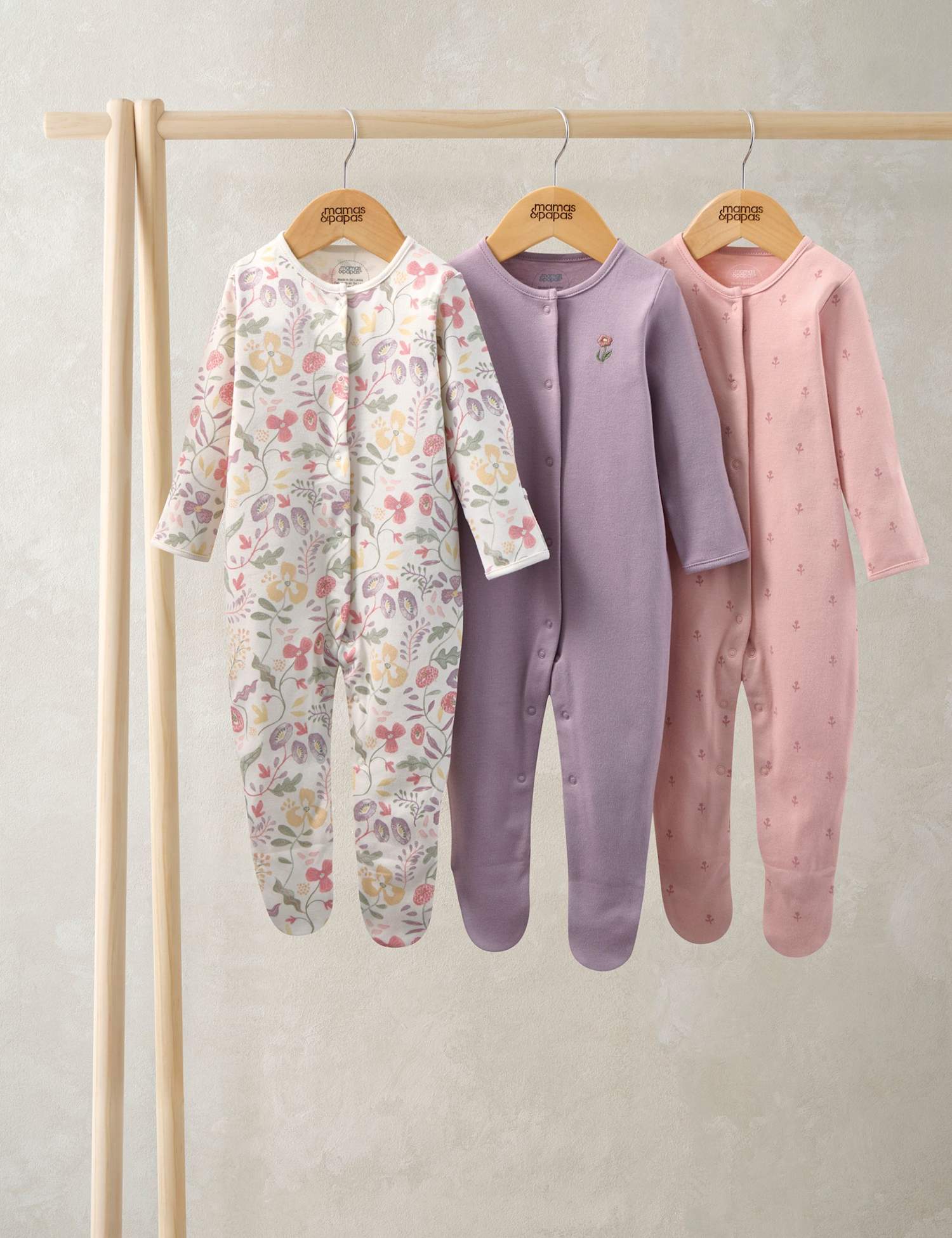 Mamas & Papas 3 Pack Floral Sleepsuits (7lbs-24 Mths) Pink