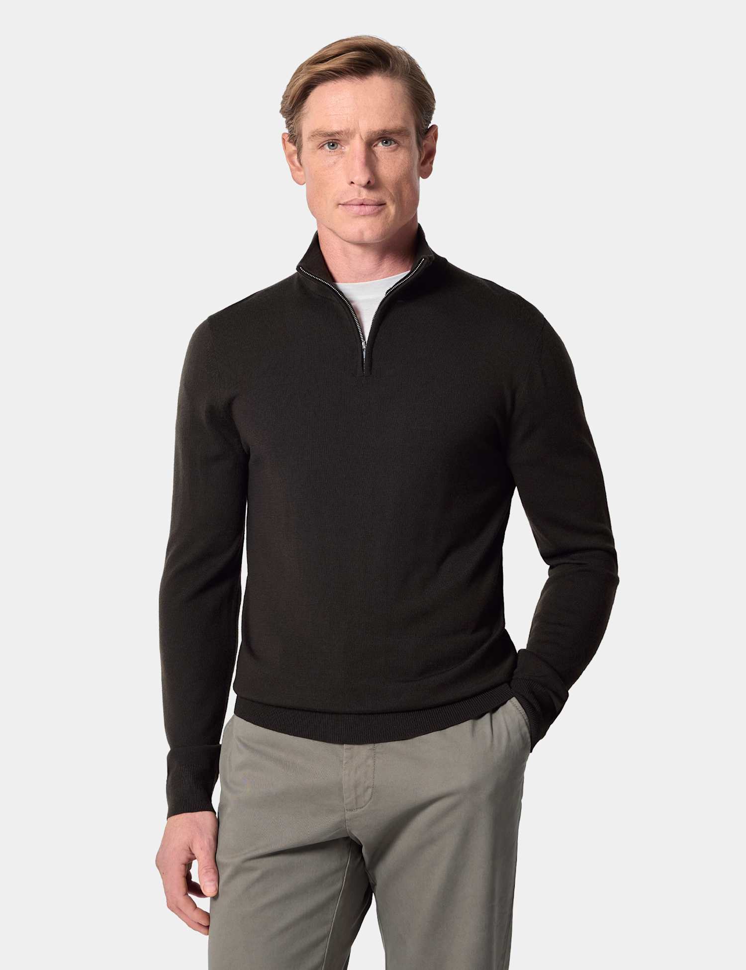 Hawes & Curtis Pure Wool Half Zip Jumper Olive