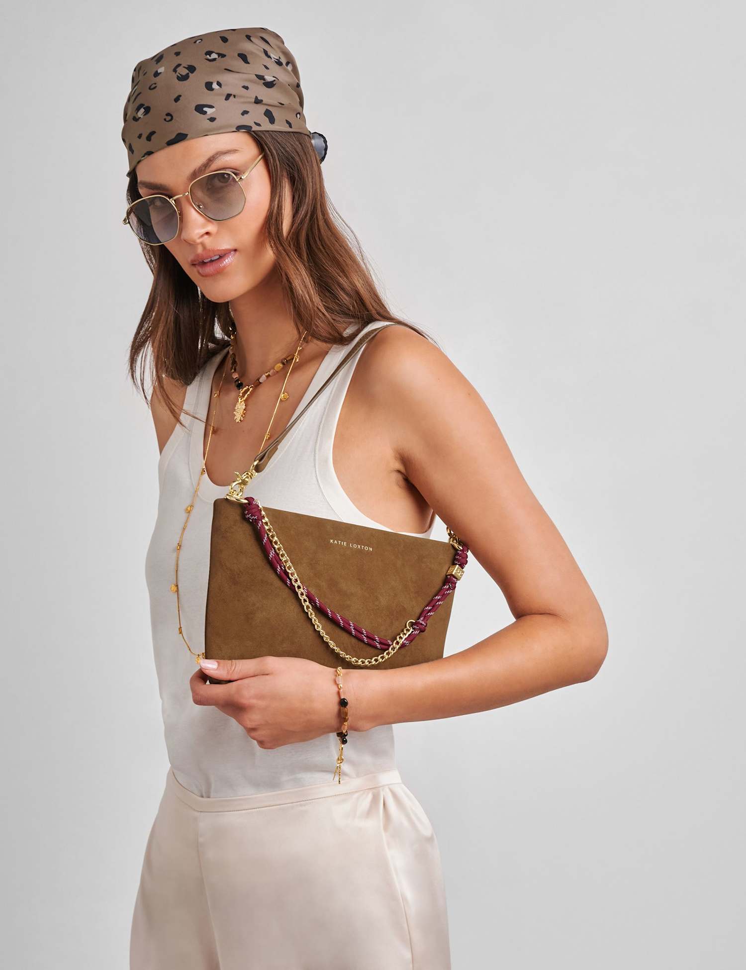 Katie Loxton Faux Suede Wristlet Clutch Shoulder Bag Camel