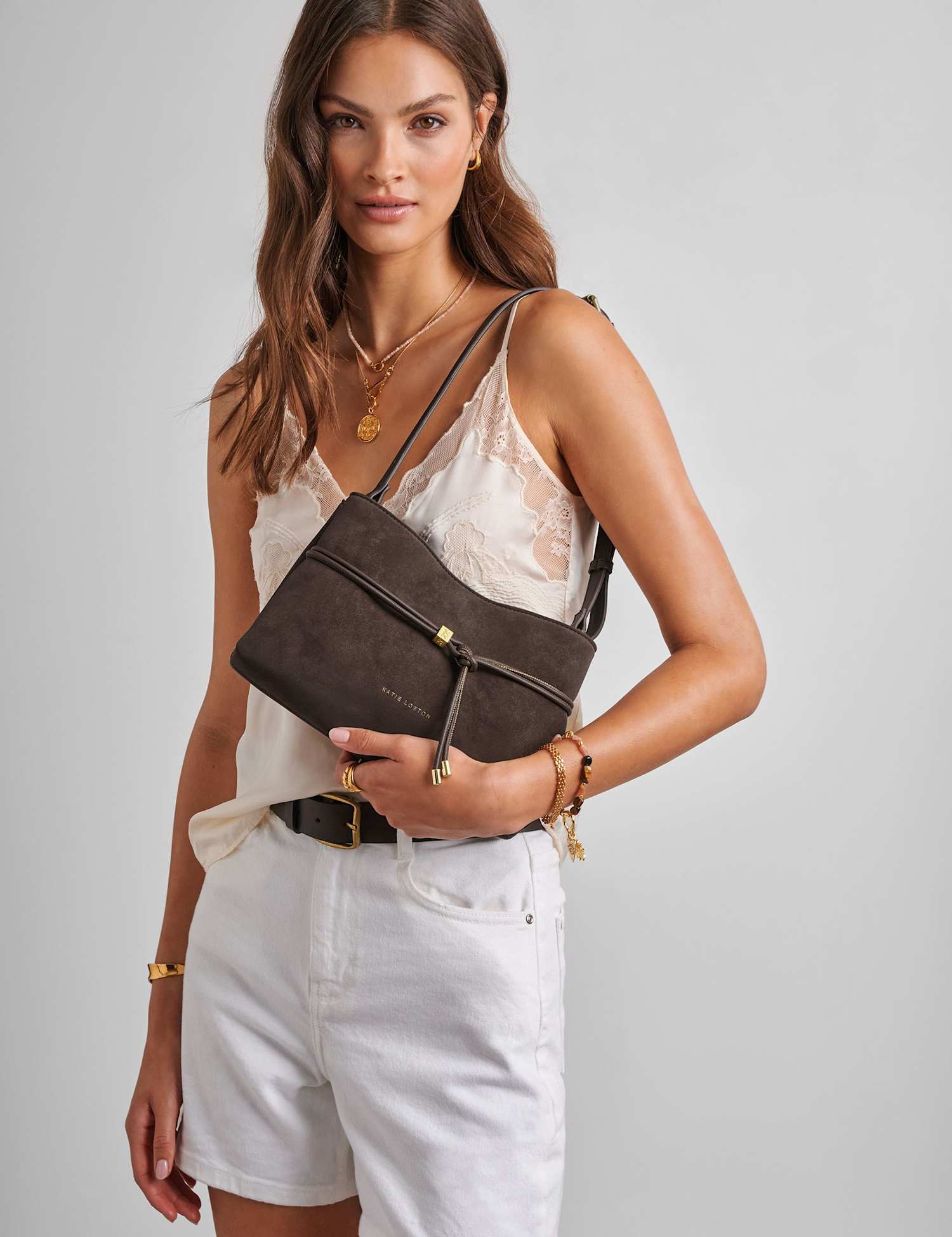 Katie Loxton Faux Suede Shoulder Cross Body Bag Brown