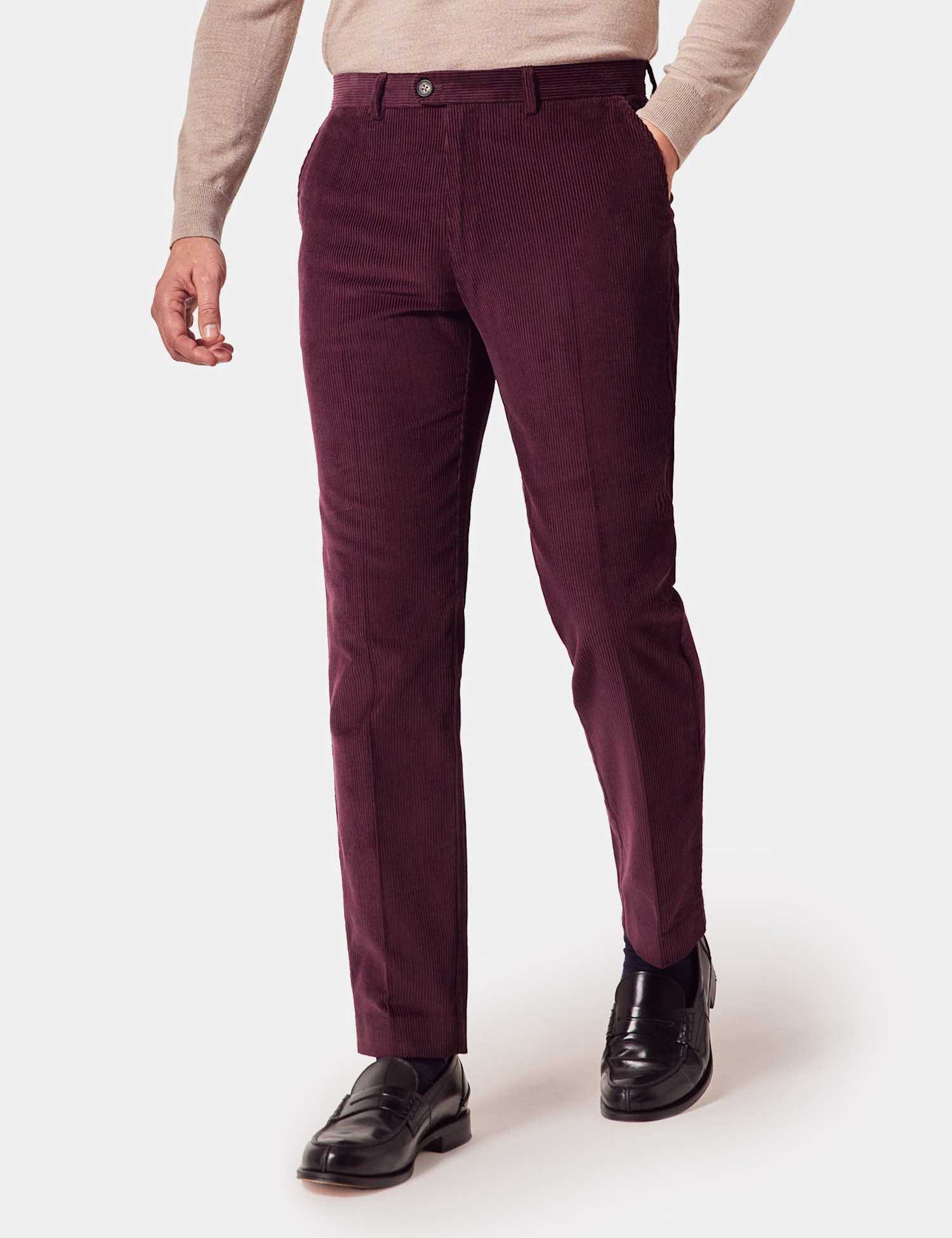 Hawes & Curtis Regular Fit Pure Cotton Corduroy Chinos Burgundy
