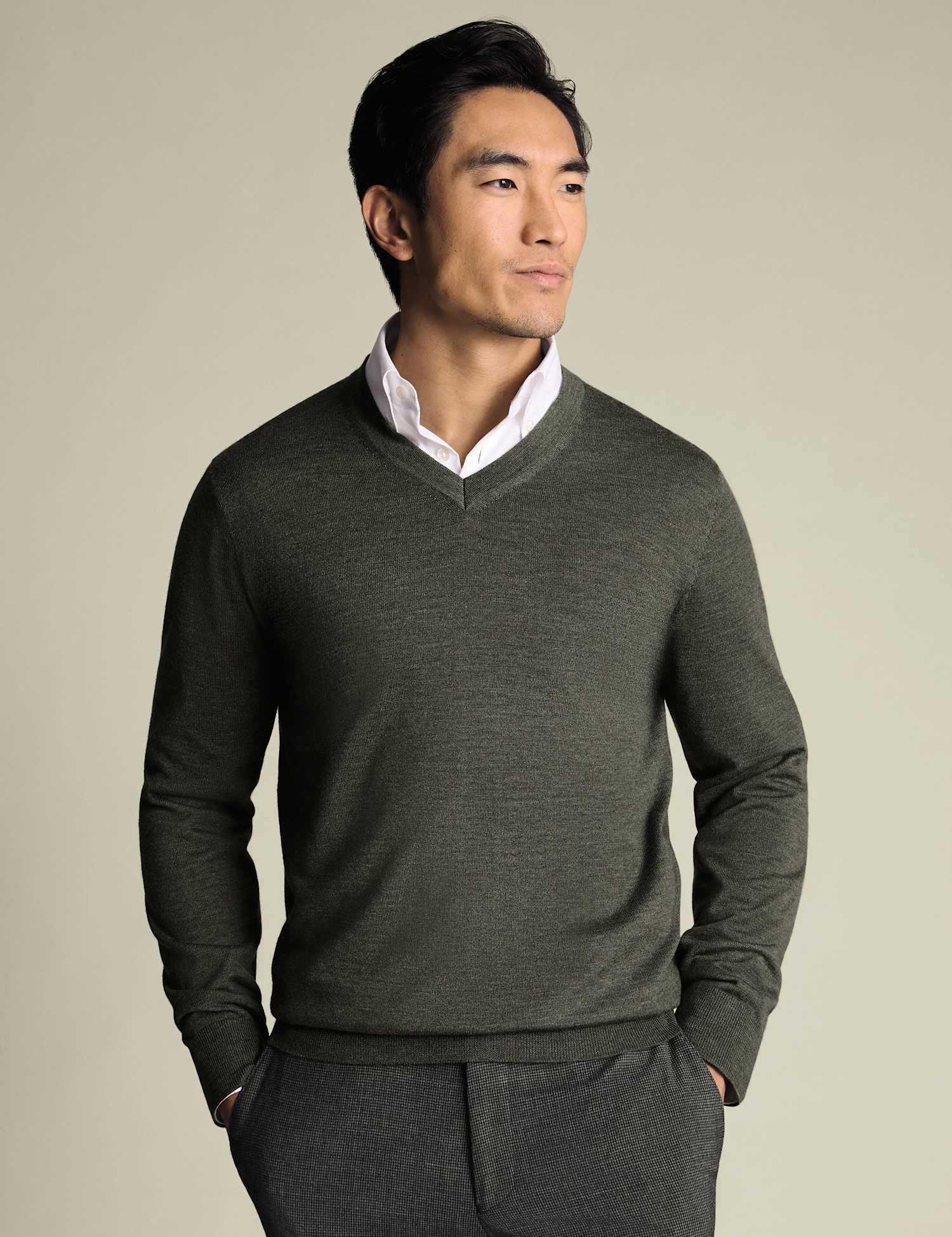 Charles Tyrwhitt Pure Wool V-Neck Jumper Khaki