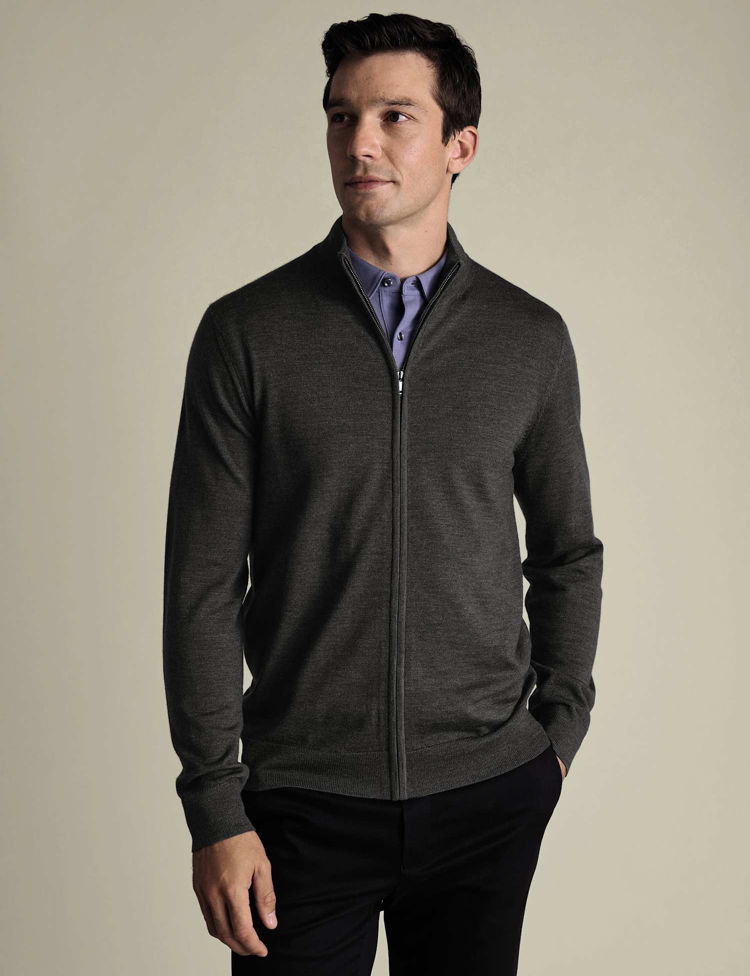 Charles Tyrwhitt Pure Wool Funnel Neck Zip Up Jumper Grey