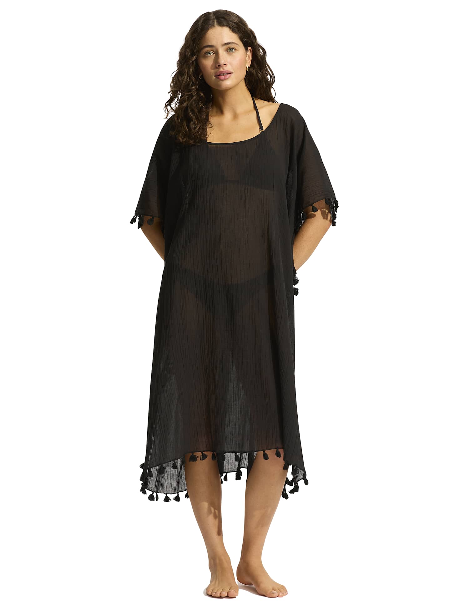 Seafolly Amnesia Pure Cotton Tassel Trim Kaftan Beach Dress Black
