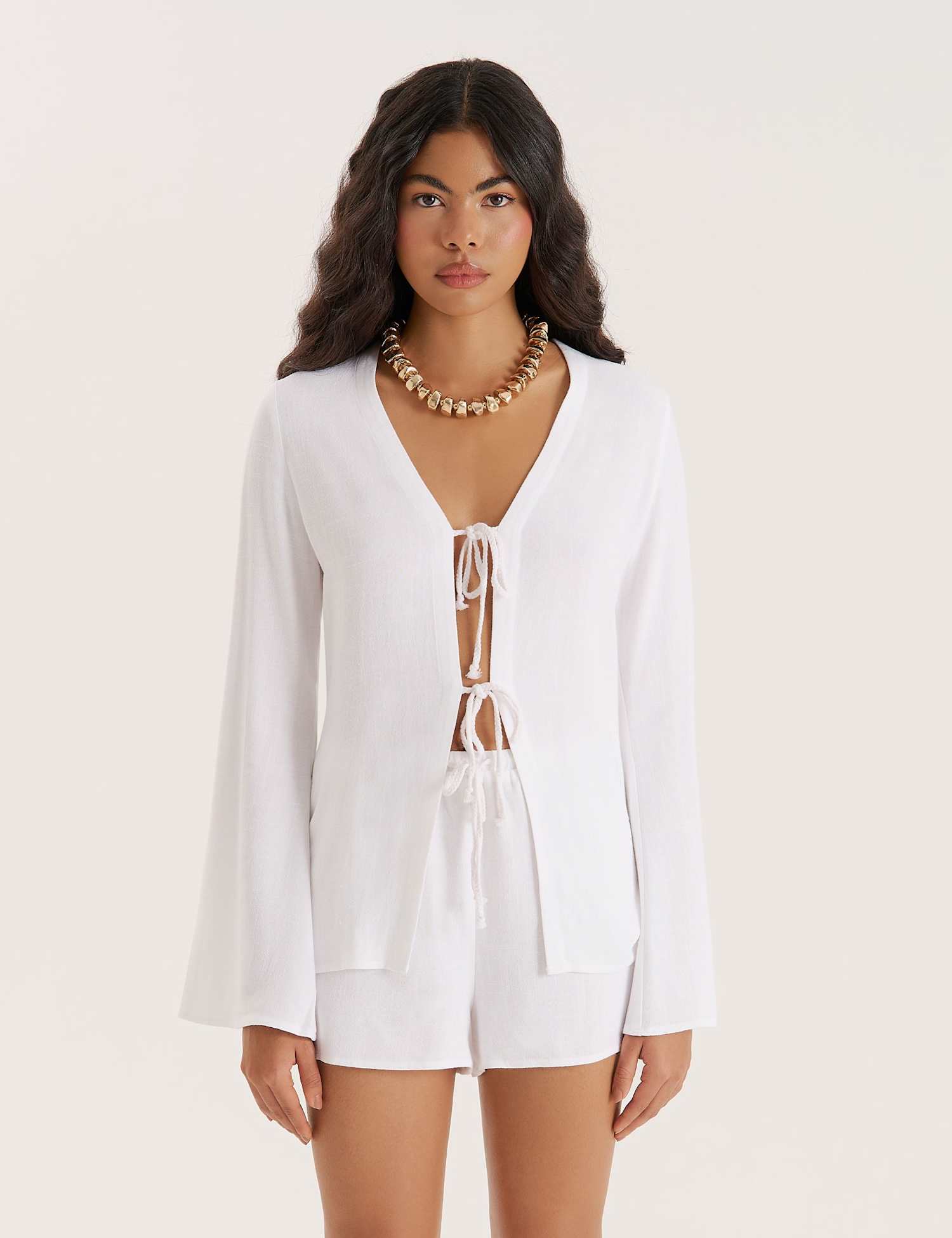 4th & Reckless Tie Front Beach Shirt with Linen White