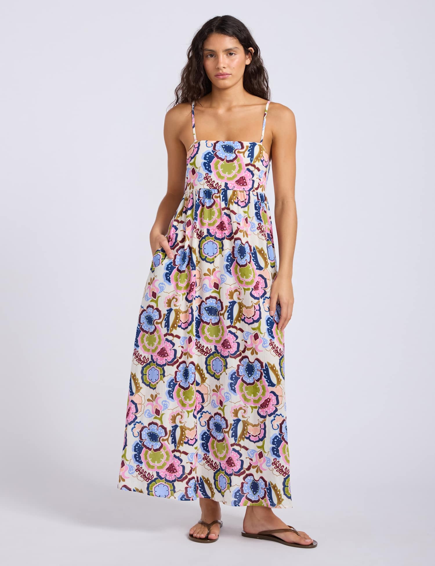 Seafolly Sea Blossom Pure Cotton Floral Strappy Shirred Midi Dress Multi