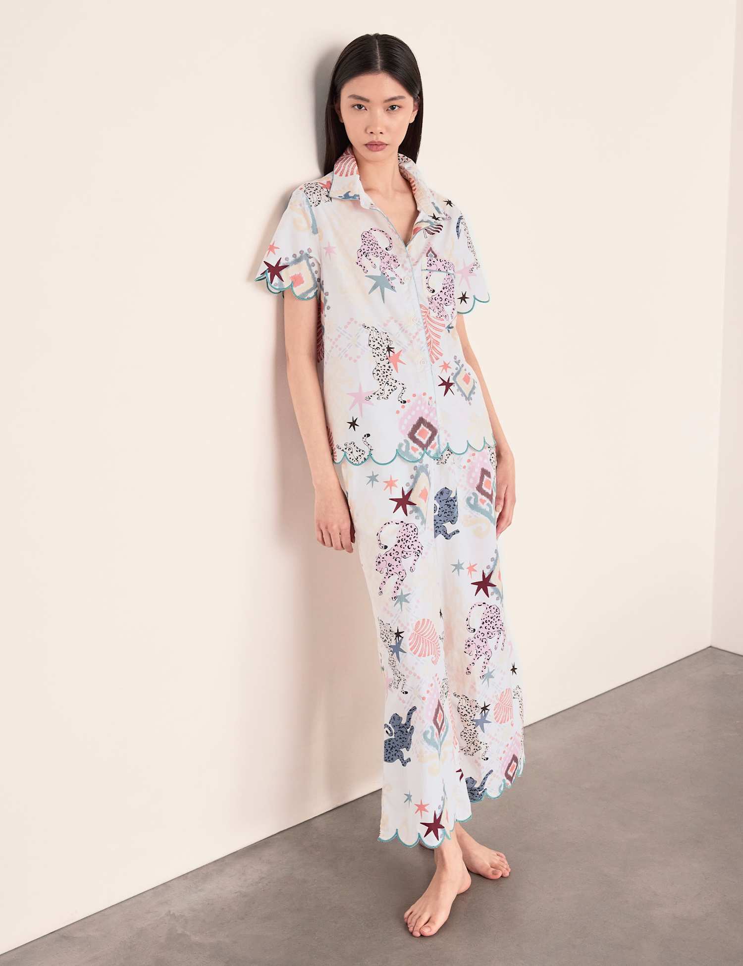 Chelsea Peers Bohemian Leopard Pure Cotton Ikat Print Scallop Pyjama Set Light Cream