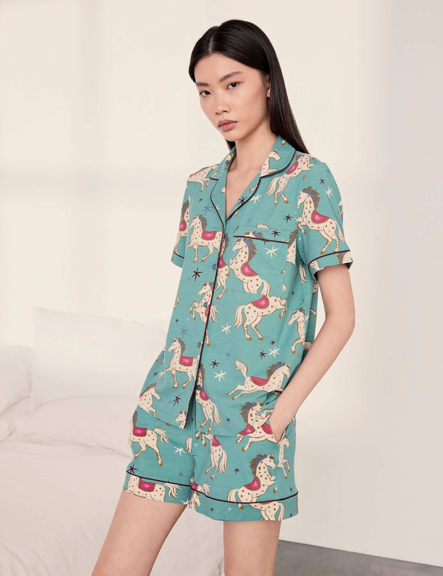 Chelsea Peers Jersey Horse Print Revere Shortie Set Teal