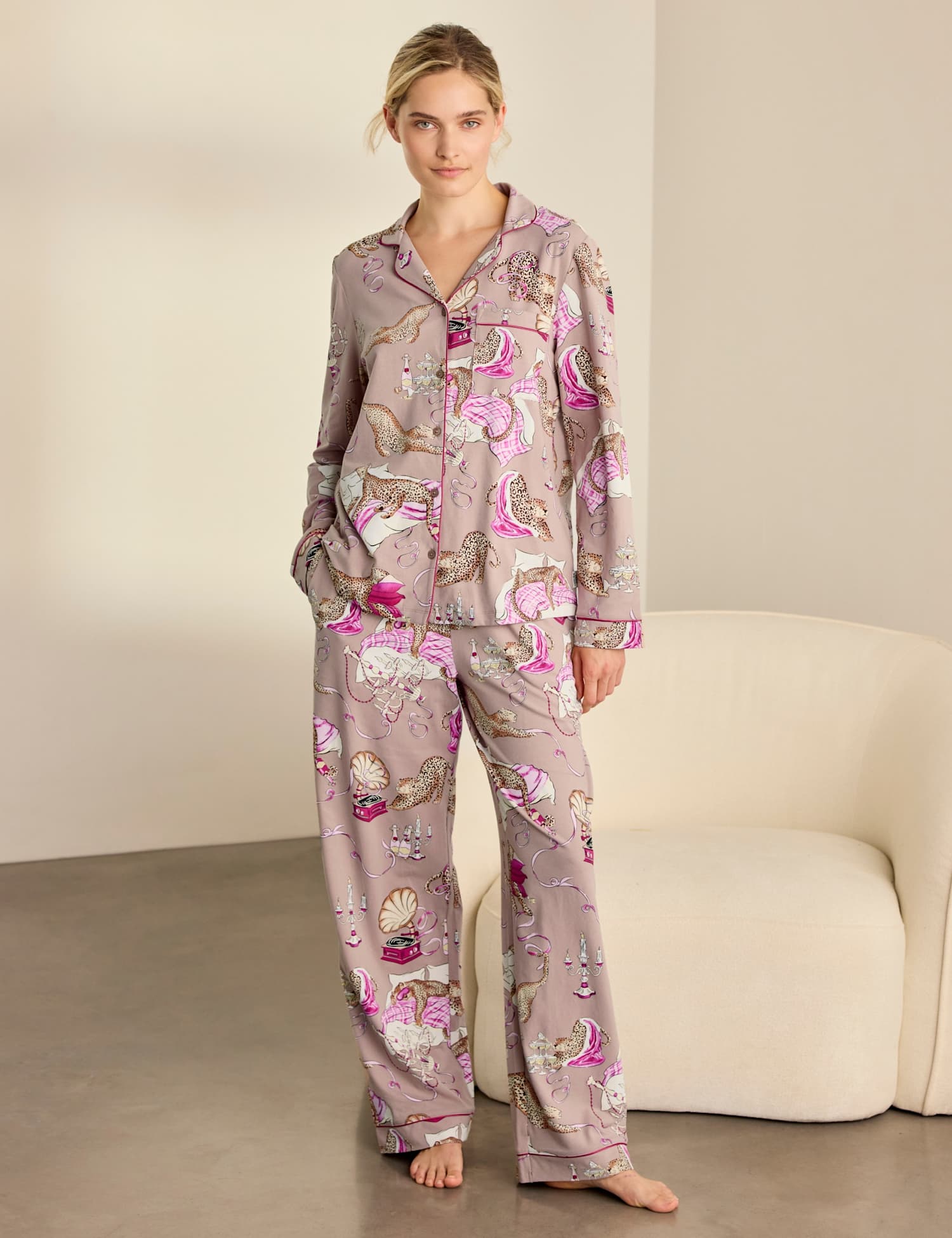Chelsea Peers Long Sleeve Cotton Leopard After Party Pyjama Set Camel